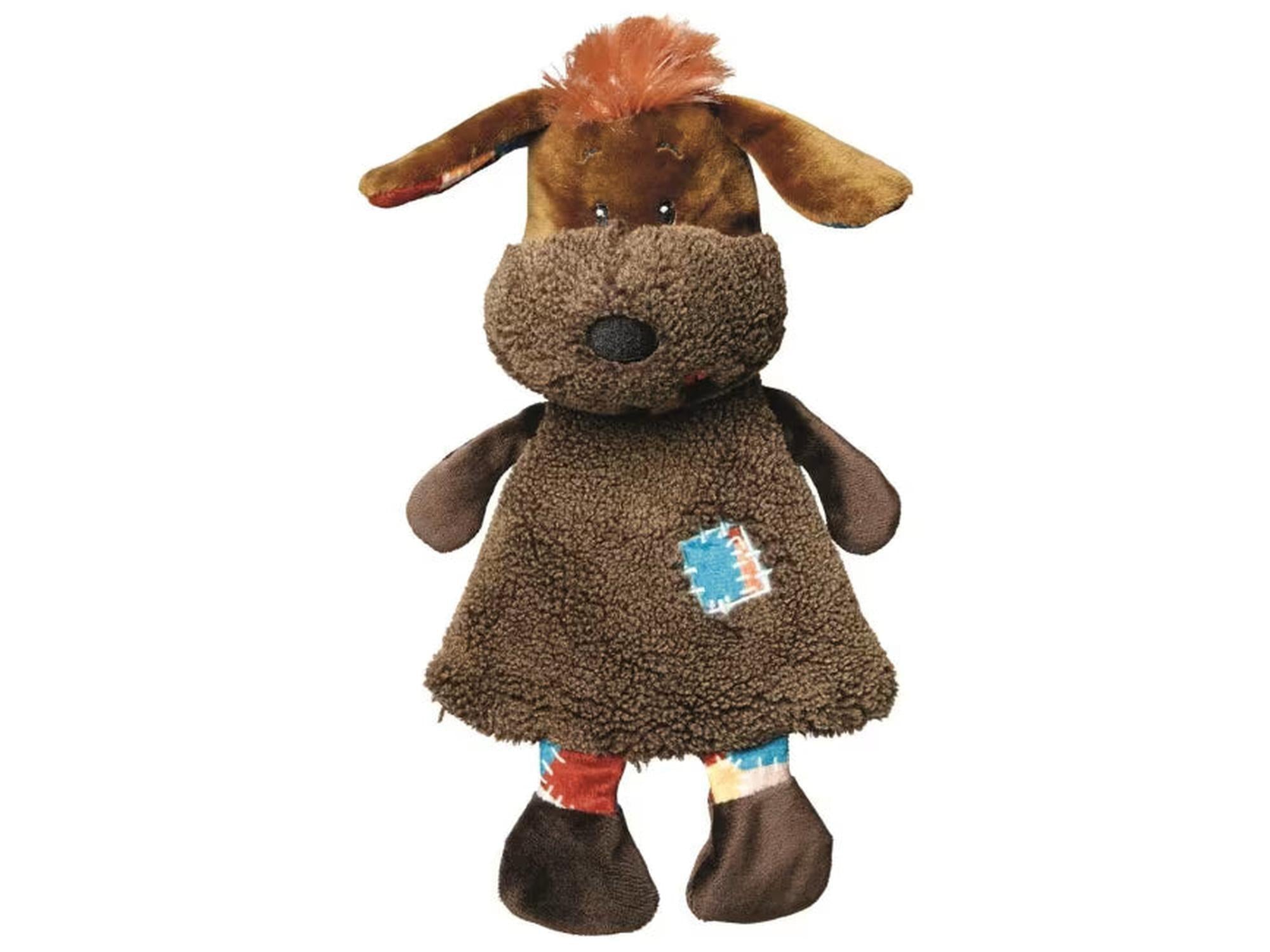 Brun plysj hundeleke med oransje hår, pipelyd og raslefolie, 28 cm.