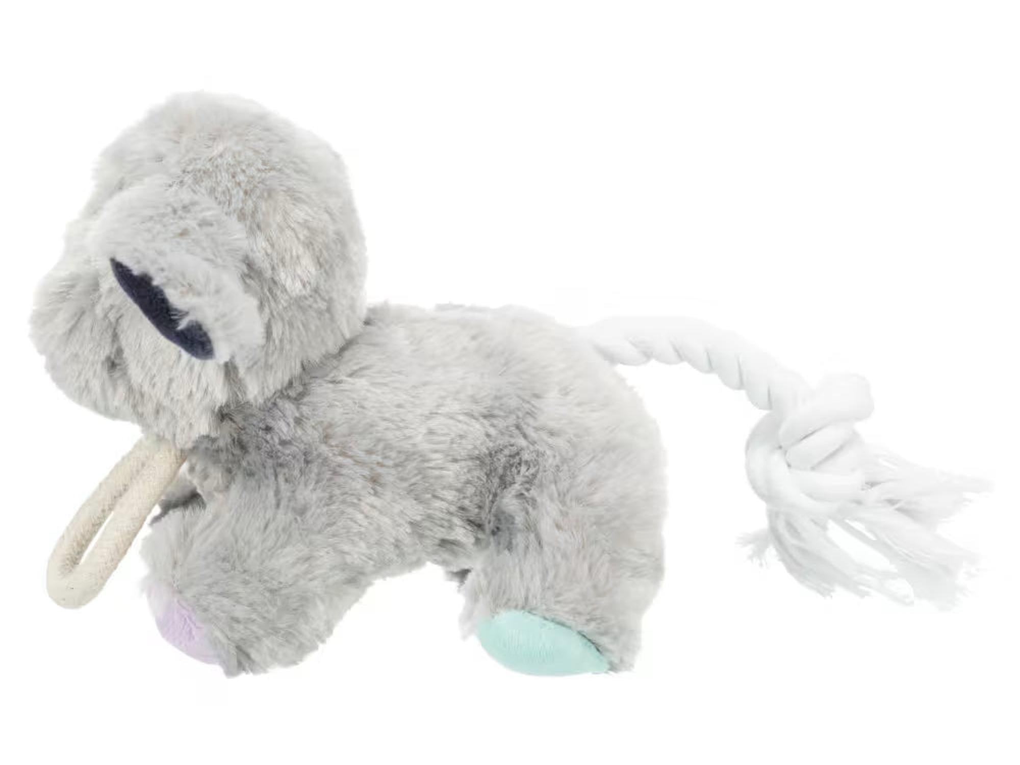 Grå plysj elefant hundeleke med hvitt tau, 24 cm, for valper.