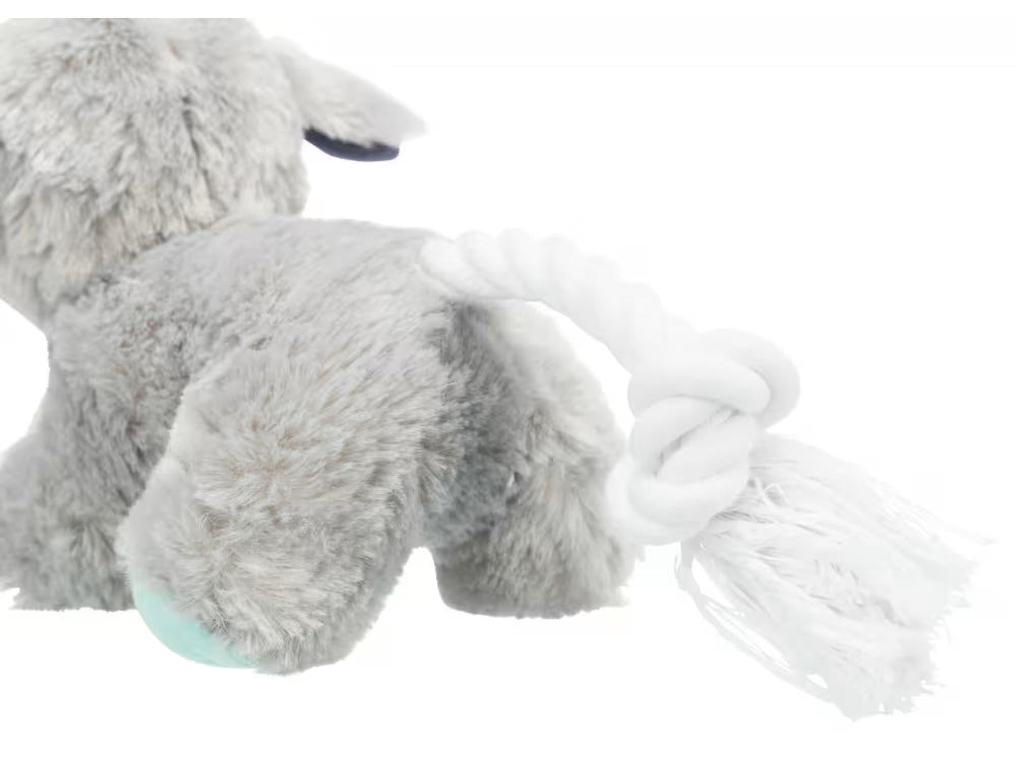 Grå plysj hundeleke med hvit flettet tauhale og mintgrønn detalj, 24 cm.