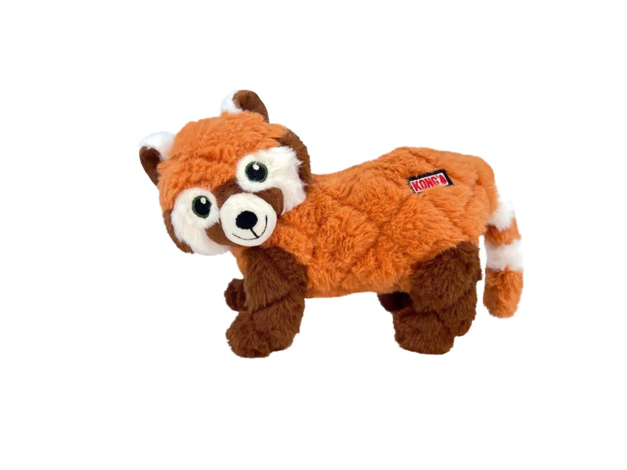 Myk KONG Scampers Panda M hundeleke i oransje og hvit plysj, med pipelyd, 22.8 cm høy.