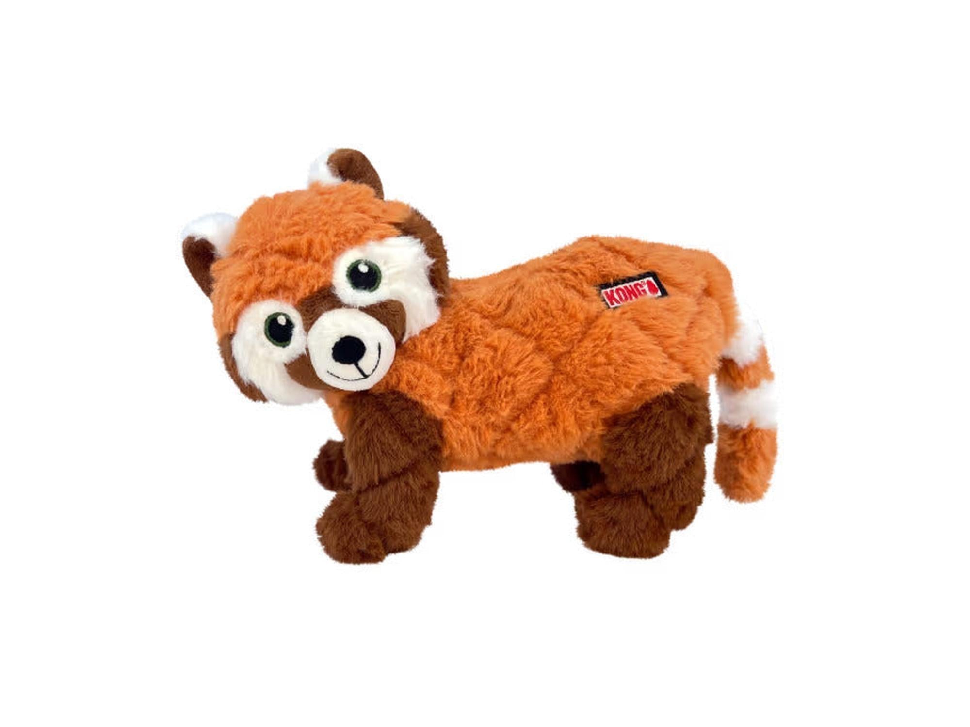 Myk KONG Scampers Panda M hundeleke i oransje og brun plysj med pipelyd.