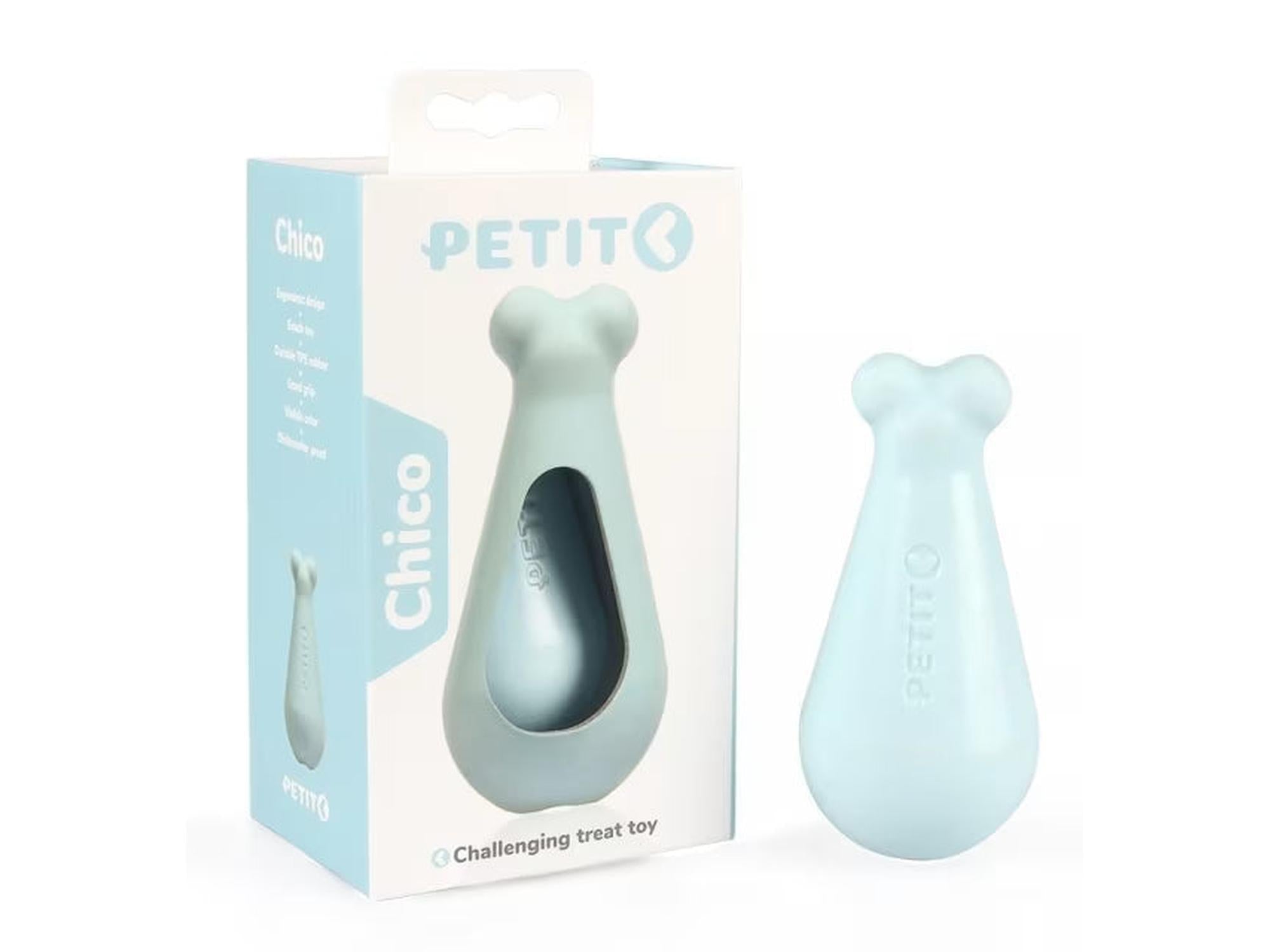 Blå Petit Chico valpesnacksleke i TPE-gummi, vist med emballasje og separat.