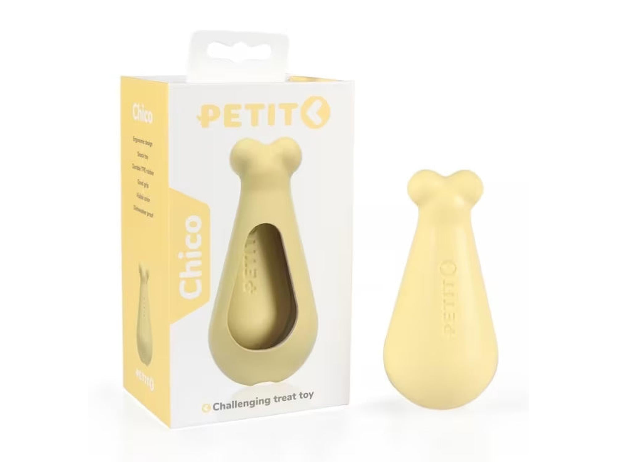 Gul Petit Chico snackleke for valper, beinformet TPE-gummi, ved siden av matchende emballasje.