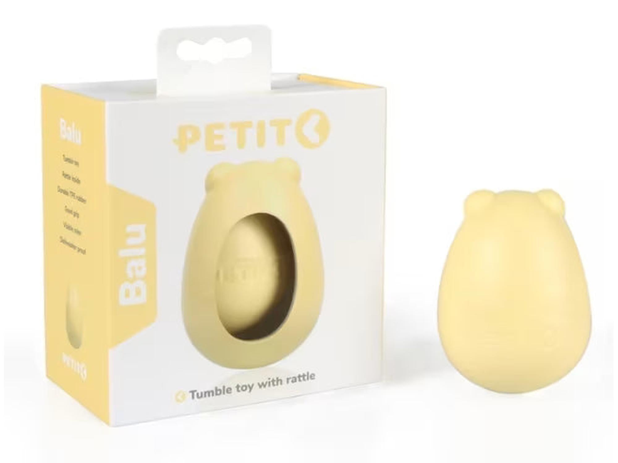 Gul Petit Tumble Balu selvoppstående valpeleke i TPE-gummi, vist med emballasje.