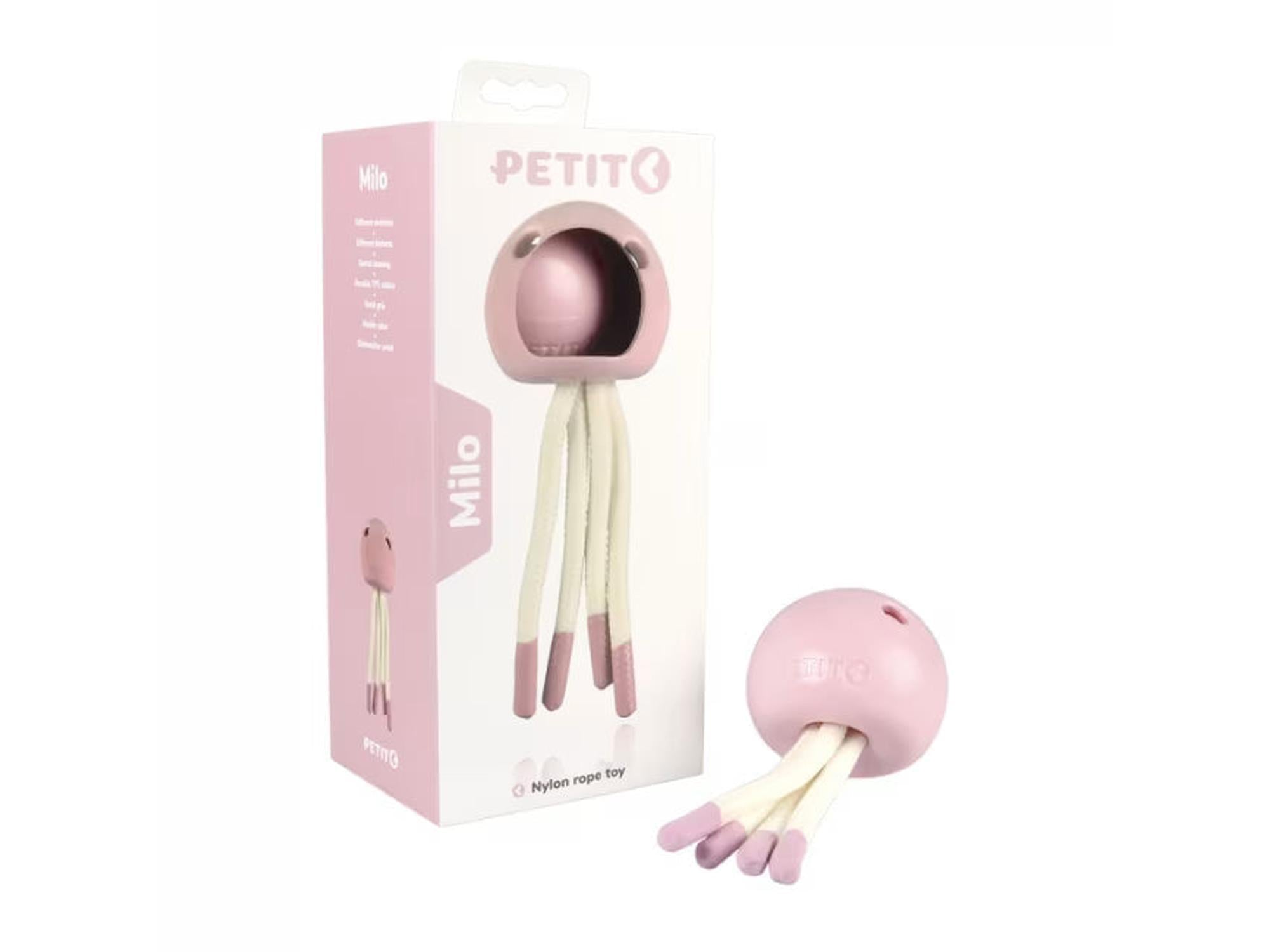 Rosa Petit Milo manetformet tyggeleke for valper, med gummikropp og nylontentakler.