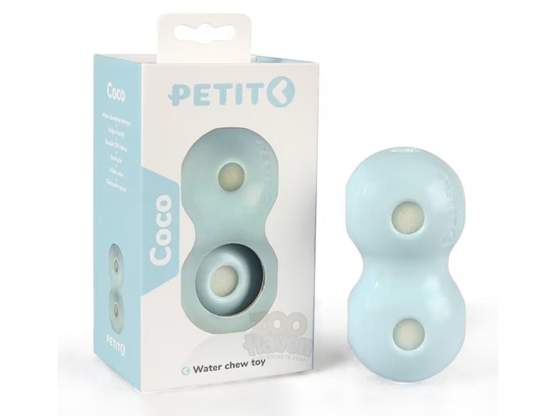 Blå Petit Coco vannleke for valper, 12x6x6 cm, med TPE-gummi og svampkjerne.