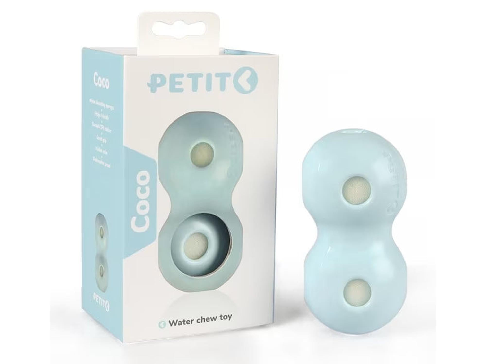 Blå Petit Coco vannleke for valper, 12x6x6 cm, med TPE-gummi og svampkjerne.