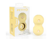 Gul Petit Coco vannleke for hund, formet som et åttetall, ved siden av sin matchende emballasje.