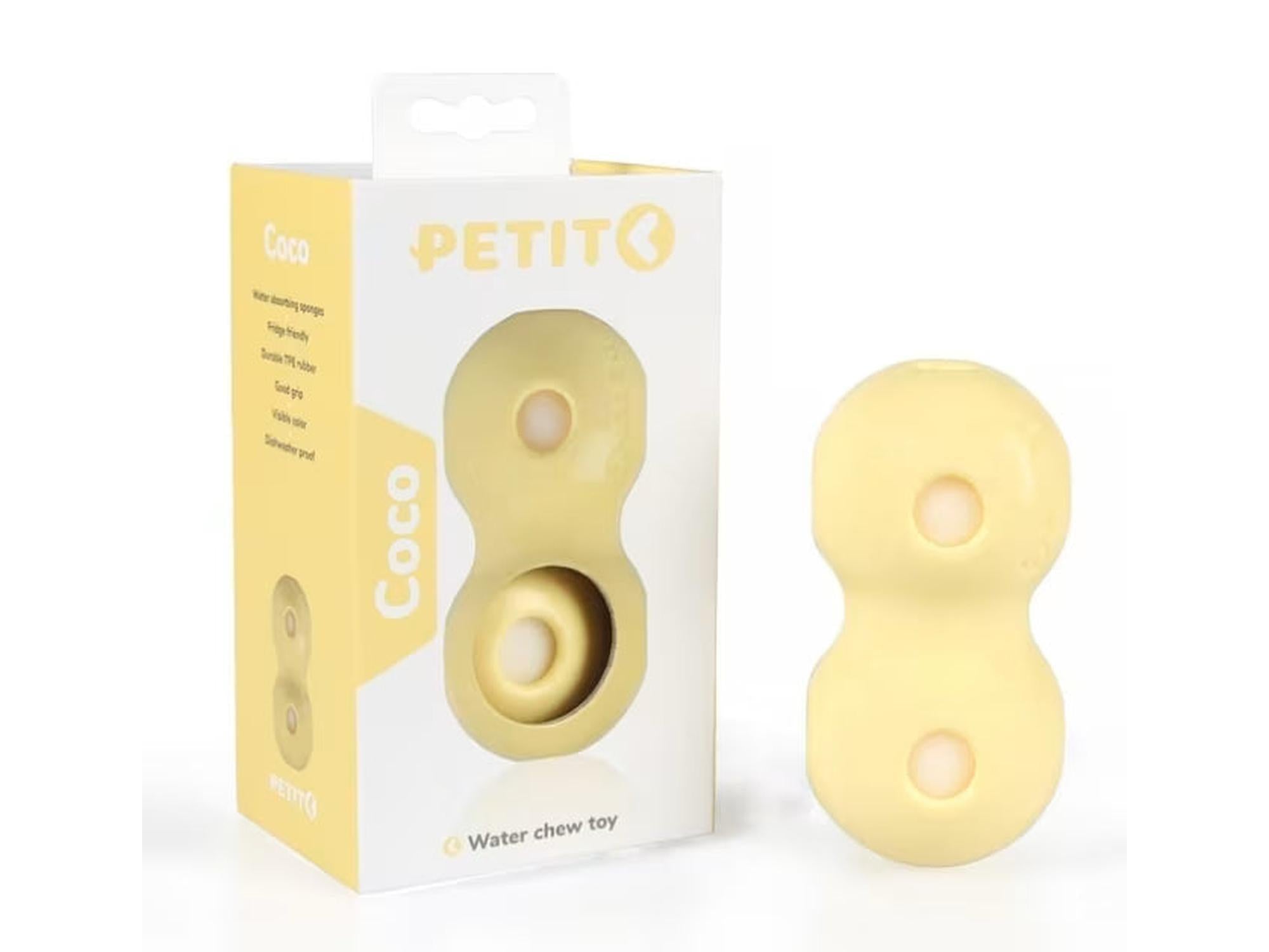Gul Petit Coco vannleke for hund, formet som et åttetall, ved siden av sin matchende emballasje.