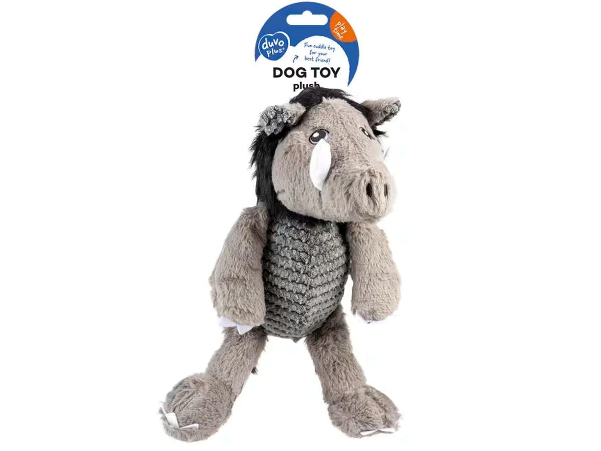 Grå/sort plysj villsvin hundeleke fra Duvo+ med squeaker, 35 cm lang.