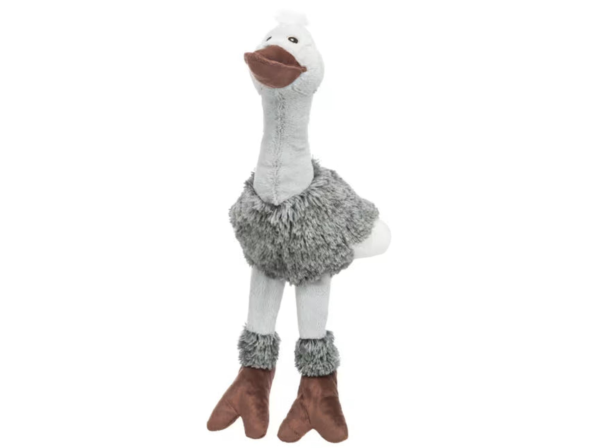Grå og hvit plysj struts hundeleke med brun nebb og føtter, 53 cm lang.