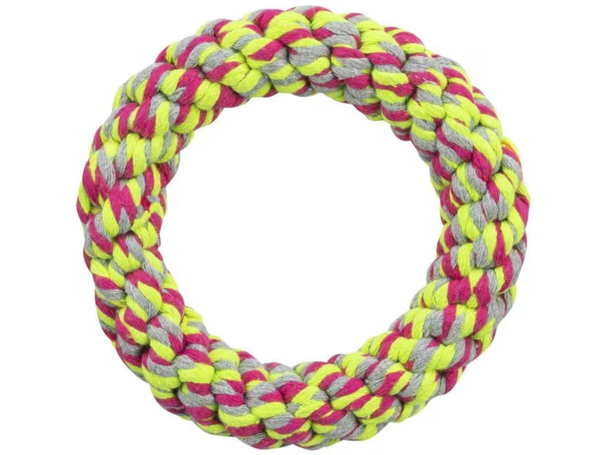 Flettet hundeleke Tauring 14 cm i slitesterk bomull/polyester, med neon gul, rosa og grå farger.