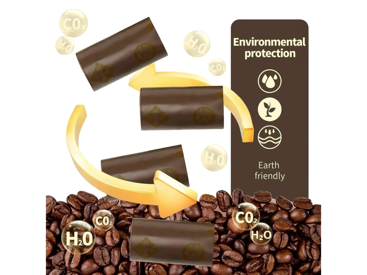 Mørkebrune hundeposer med kaffeduft og poteavtrykk, omgitt av kaffebønner og miljøikoner.