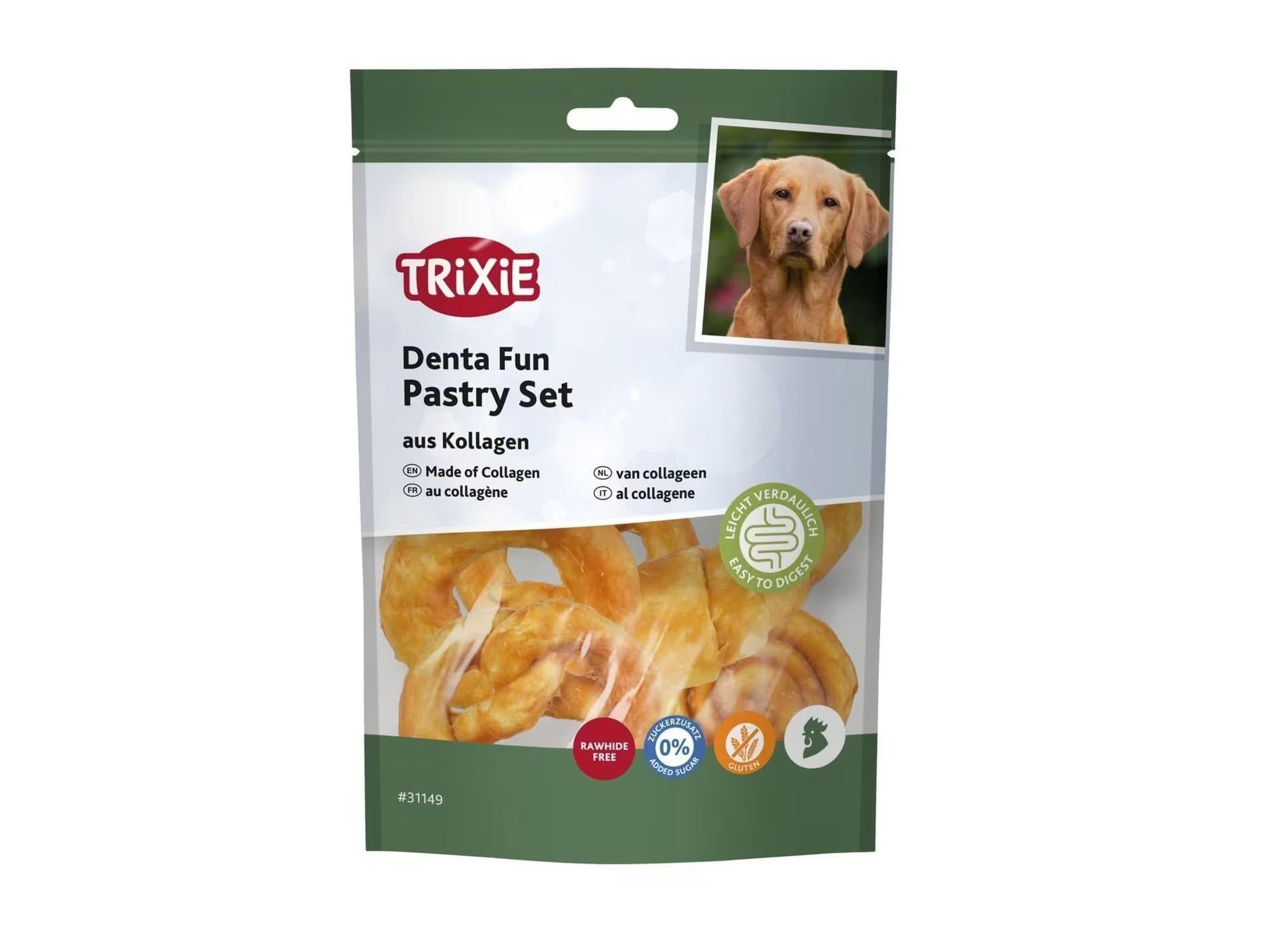 Trixie Dentafun Pastry Set med kylling, 100g pose med assorterte, lysebrune collagen tyggegodbiter.