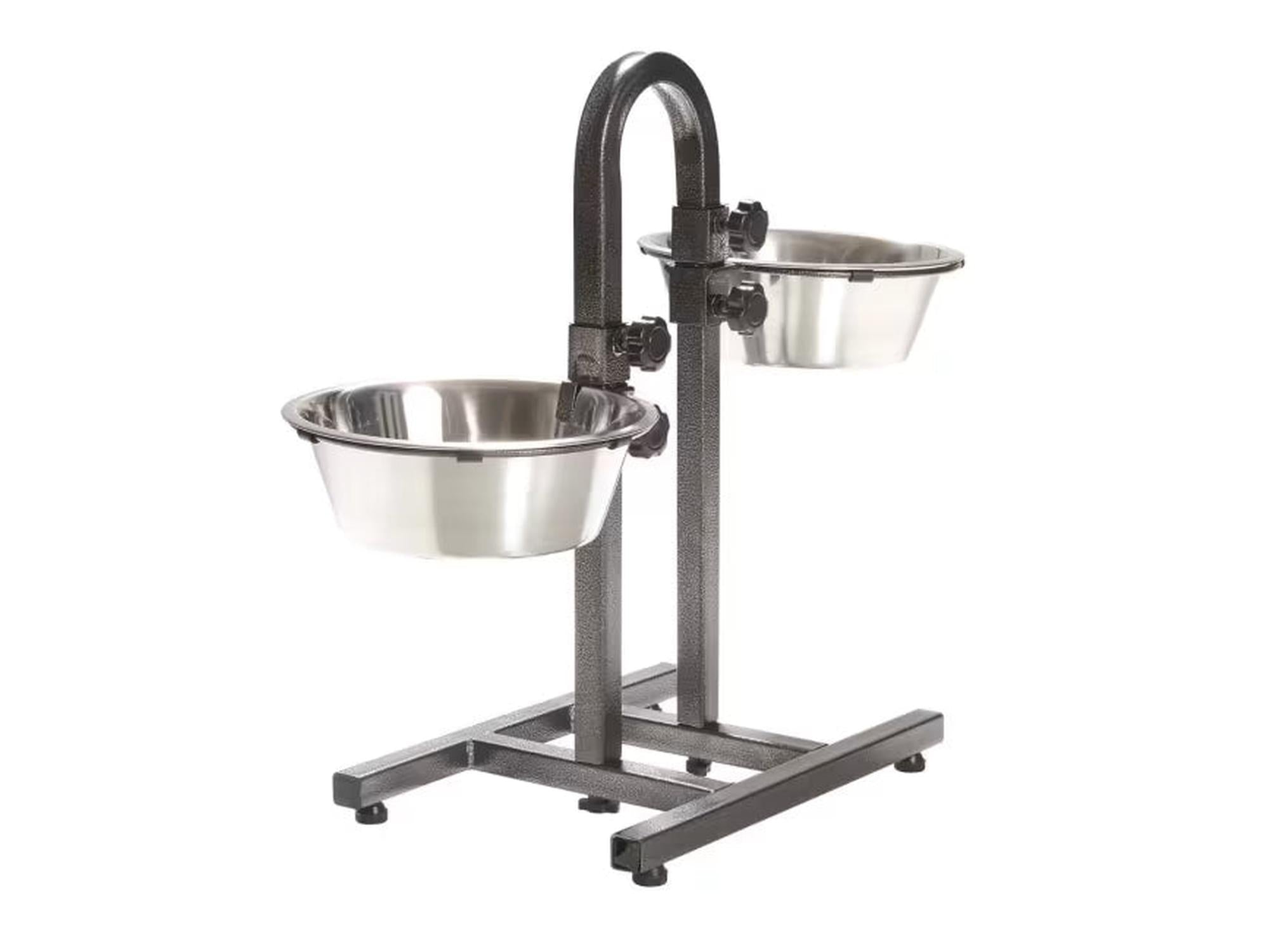 Hundestativ i mørkt rustfritt stål, 43 cm høyt, med to justerbare skåler i rustfritt stål.