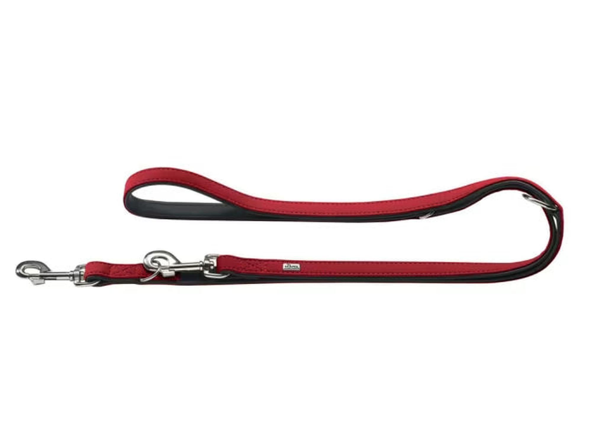 Hunter T-Leash Softie hundebånd i rød og sort kunstskinn, 200 cm langt, med metallkrok.