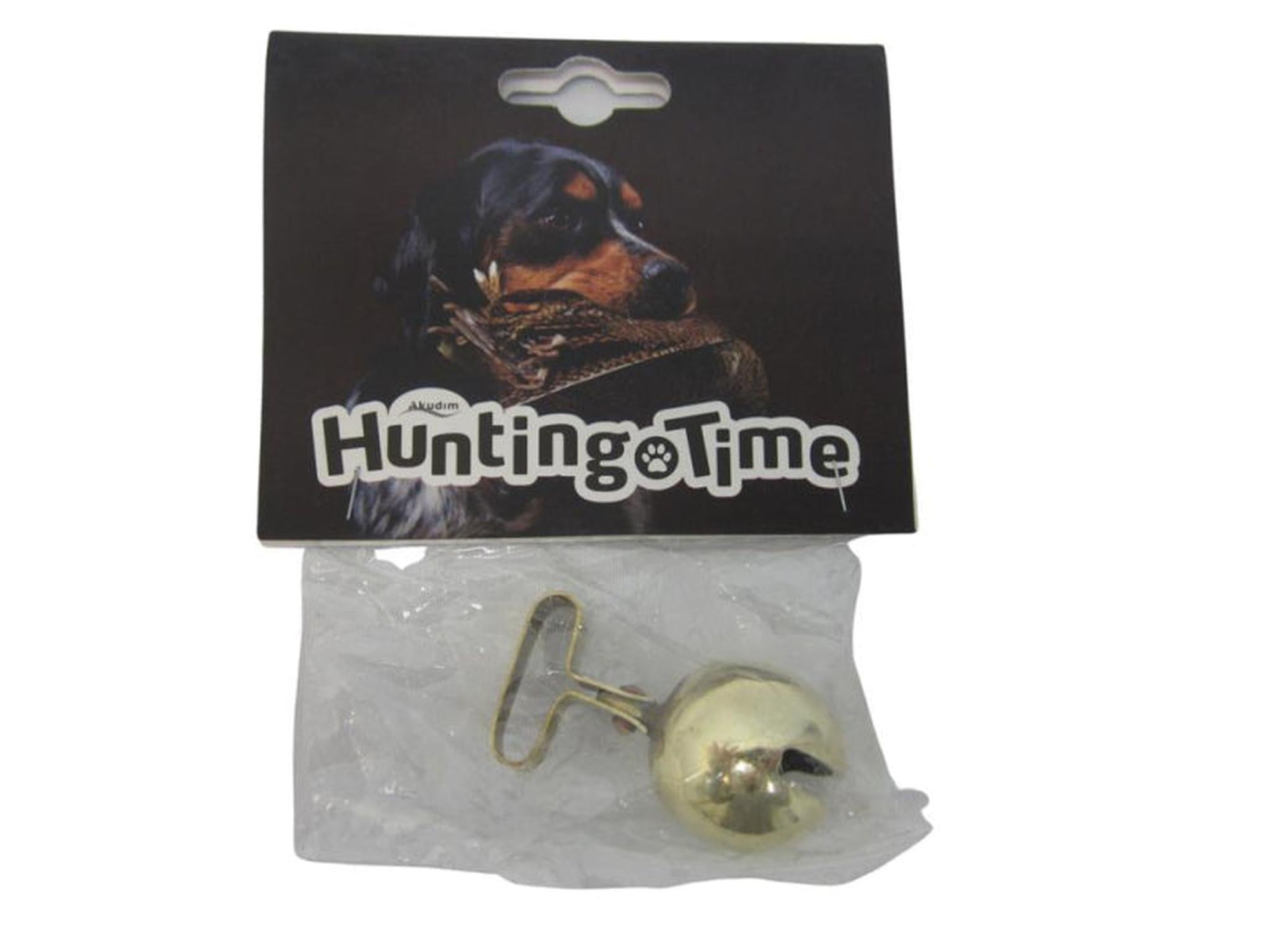 Gyllen messing hundeklokke, 3 cm i diameter, i plastemballasje med HuntingTime logo.
