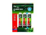 JBL ProFlora 3-pakning med 500g CO2-engangsflasker i stål med grønn etikett og sort gummifot for akvarier.