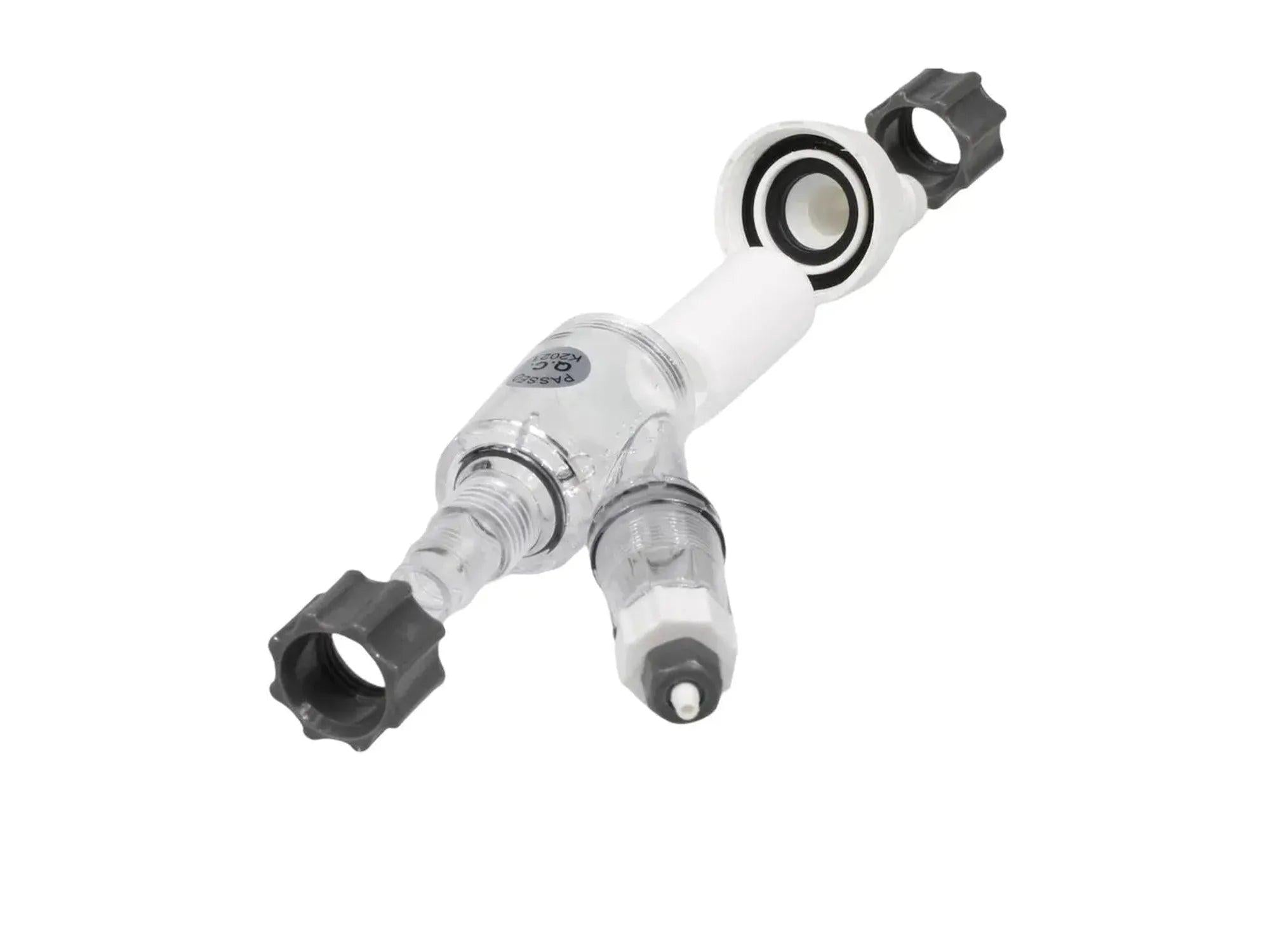 JBL ProFlora Direct 12/16 inline CO2-diffusor i gjennomsiktig plast med grå koblinger og integrert bobleteller.