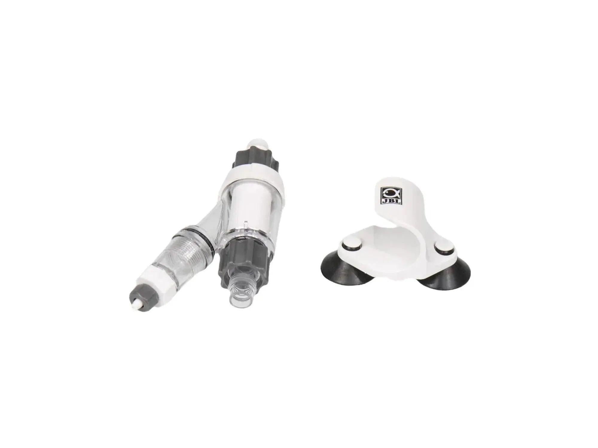 JBL ProFlora Direct 16/22 CO2-diffusor i gjennomsiktig plast med grå detaljer og hvit veggbrakett med sugekopper.