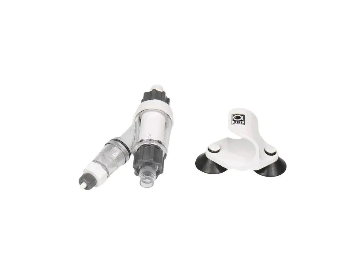 JBL ProFlora Direct 16/22 CO2-diffusor i gjennomsiktig plast med grå detaljer og hvit veggbrakett med sugekopper.