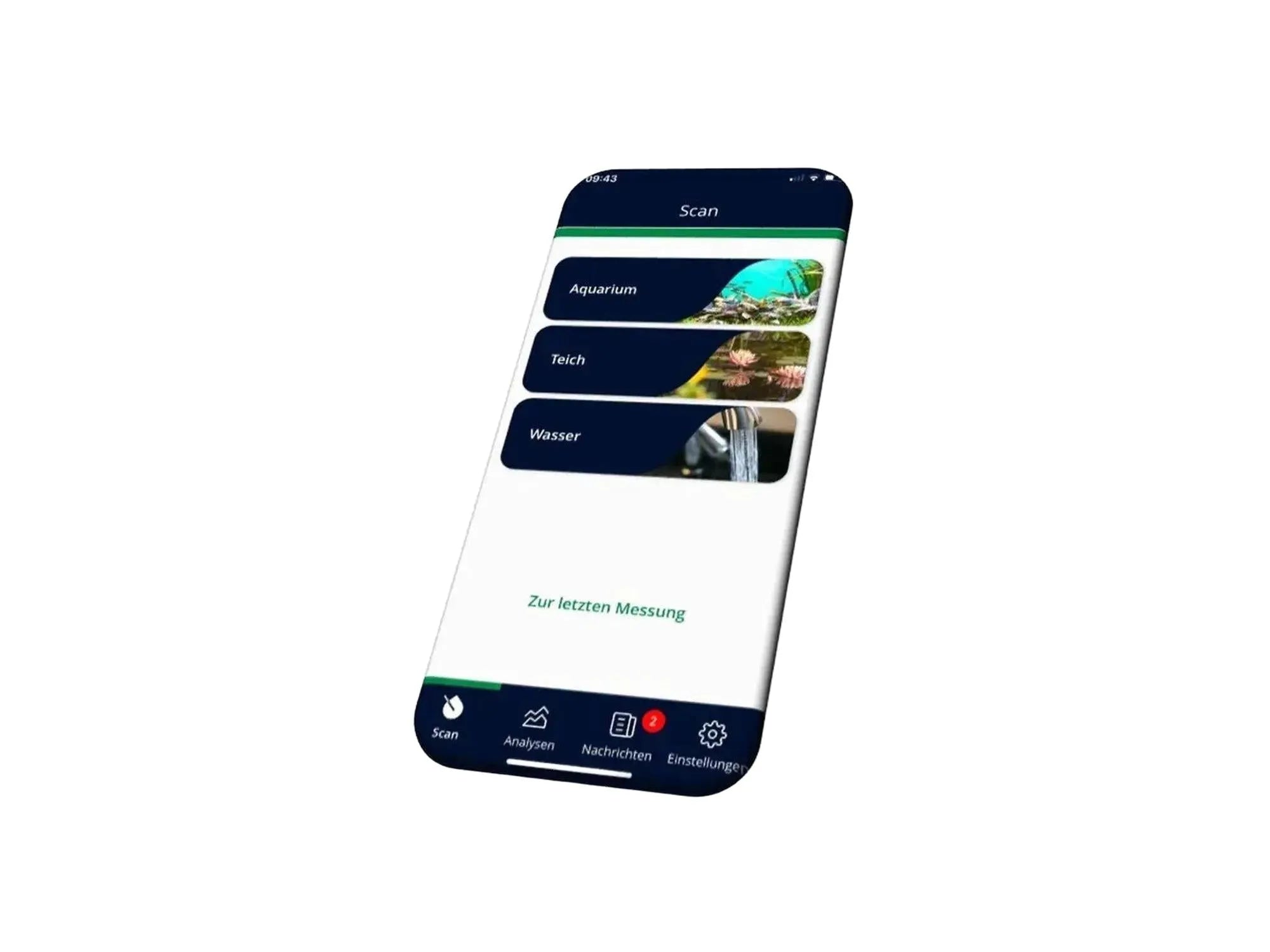 Smarttelefon som viser JBL ProScan-appen med menyvalg for analyse av akvarie-, dam- og springvann.