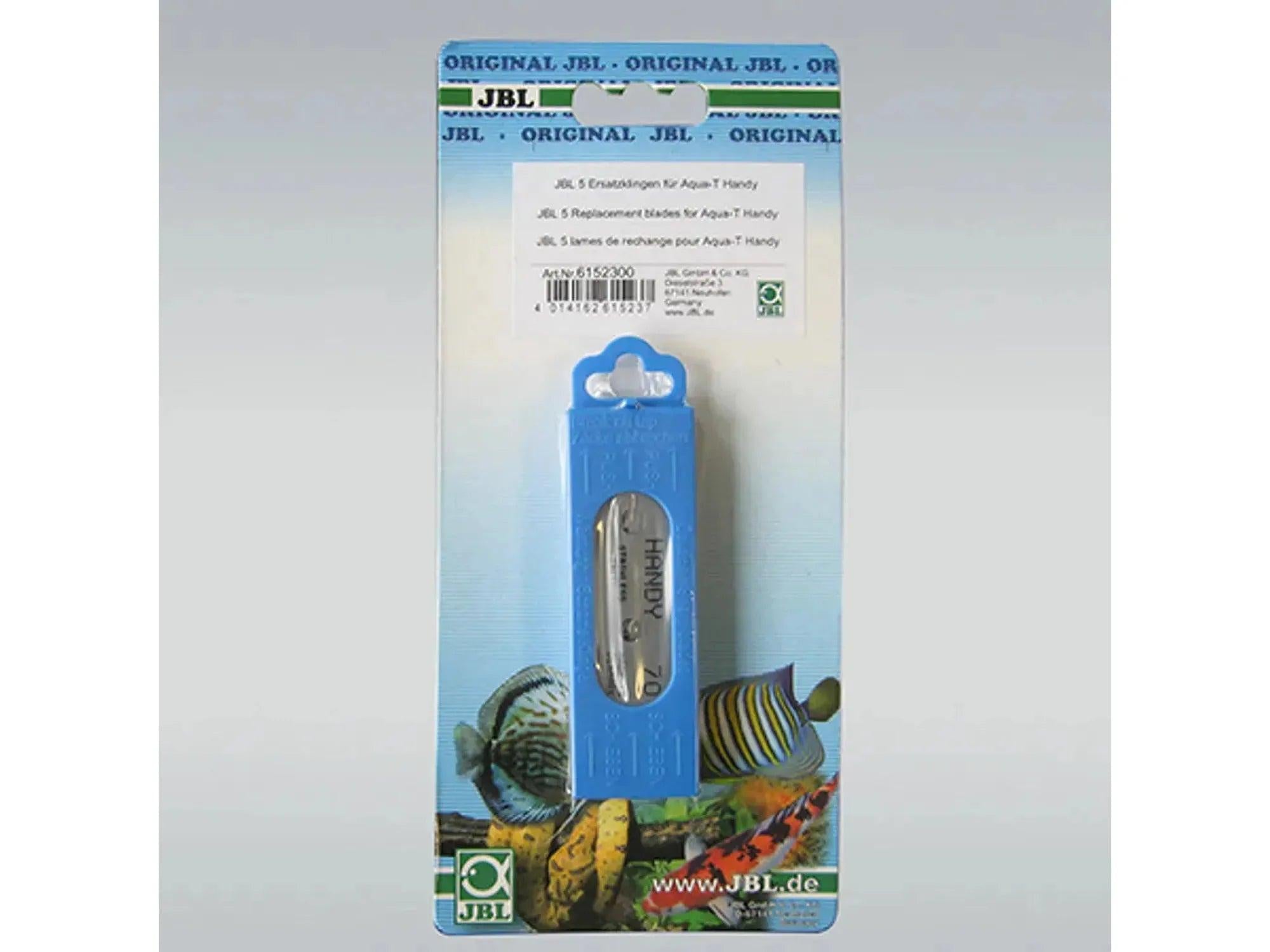 JBL Aqua-T Handy reserveblader, 5 stk, i blå og hvit blisterpakning med fiskemotiv.