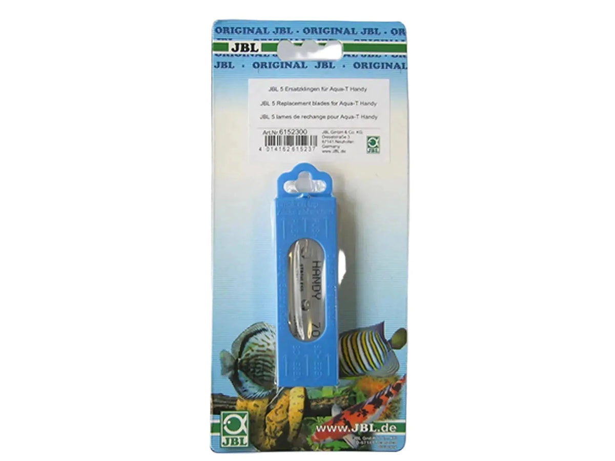 JBL Aqua-T Handy reserveblader, 5 stk, i blå og hvit blisterpakning med fiskemotiv.