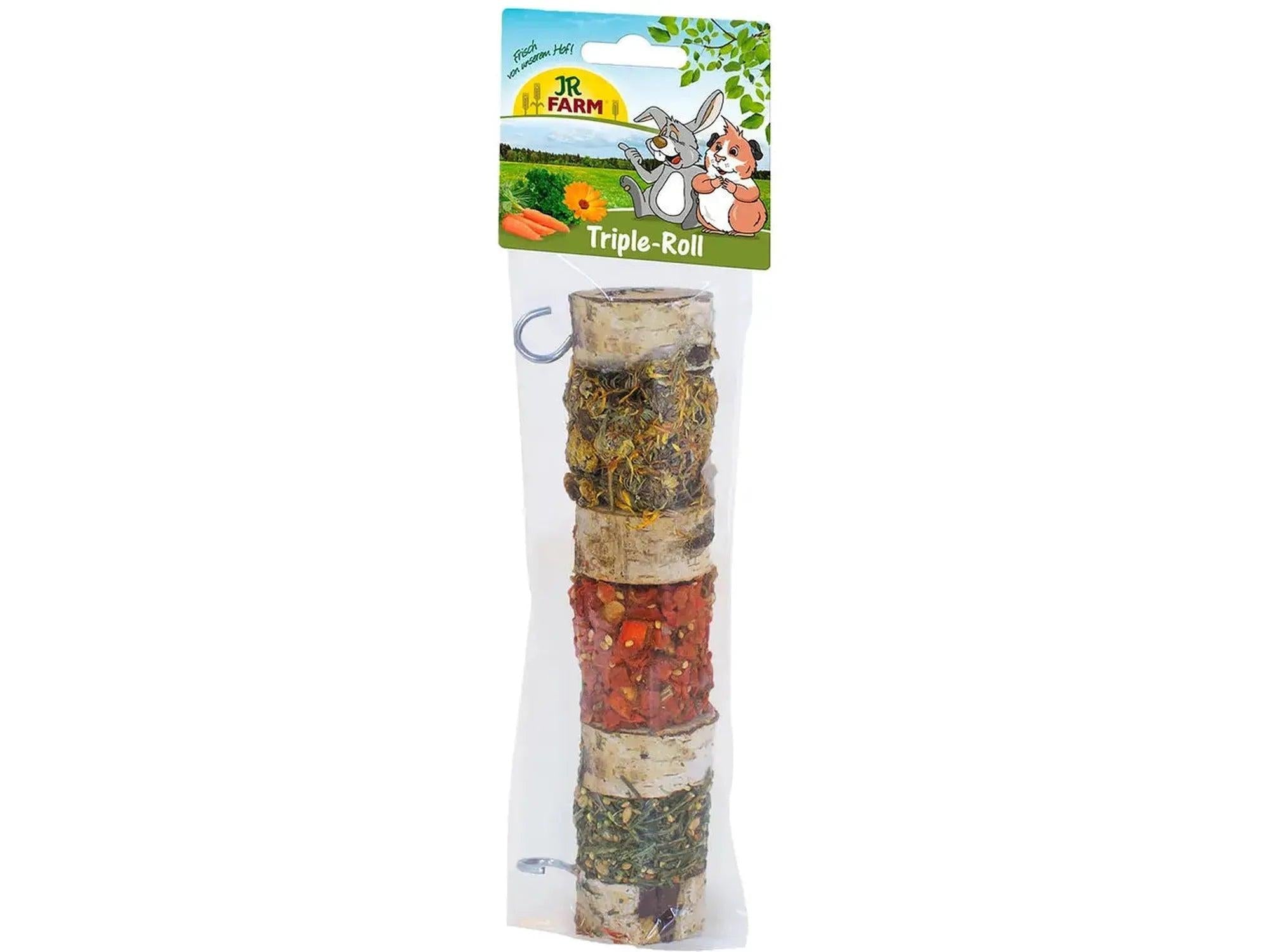 JR Farm Triple Roll gnagersnack: tre naturlige treruller med grønne, røde og mørkegrønne fyll.