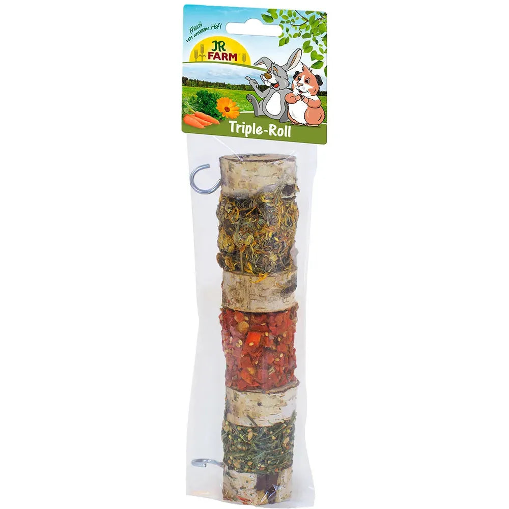 JR Farm Triple Roll gnagersnack: tre naturlige treruller med grønne, røde og mørkegrønne fyll.