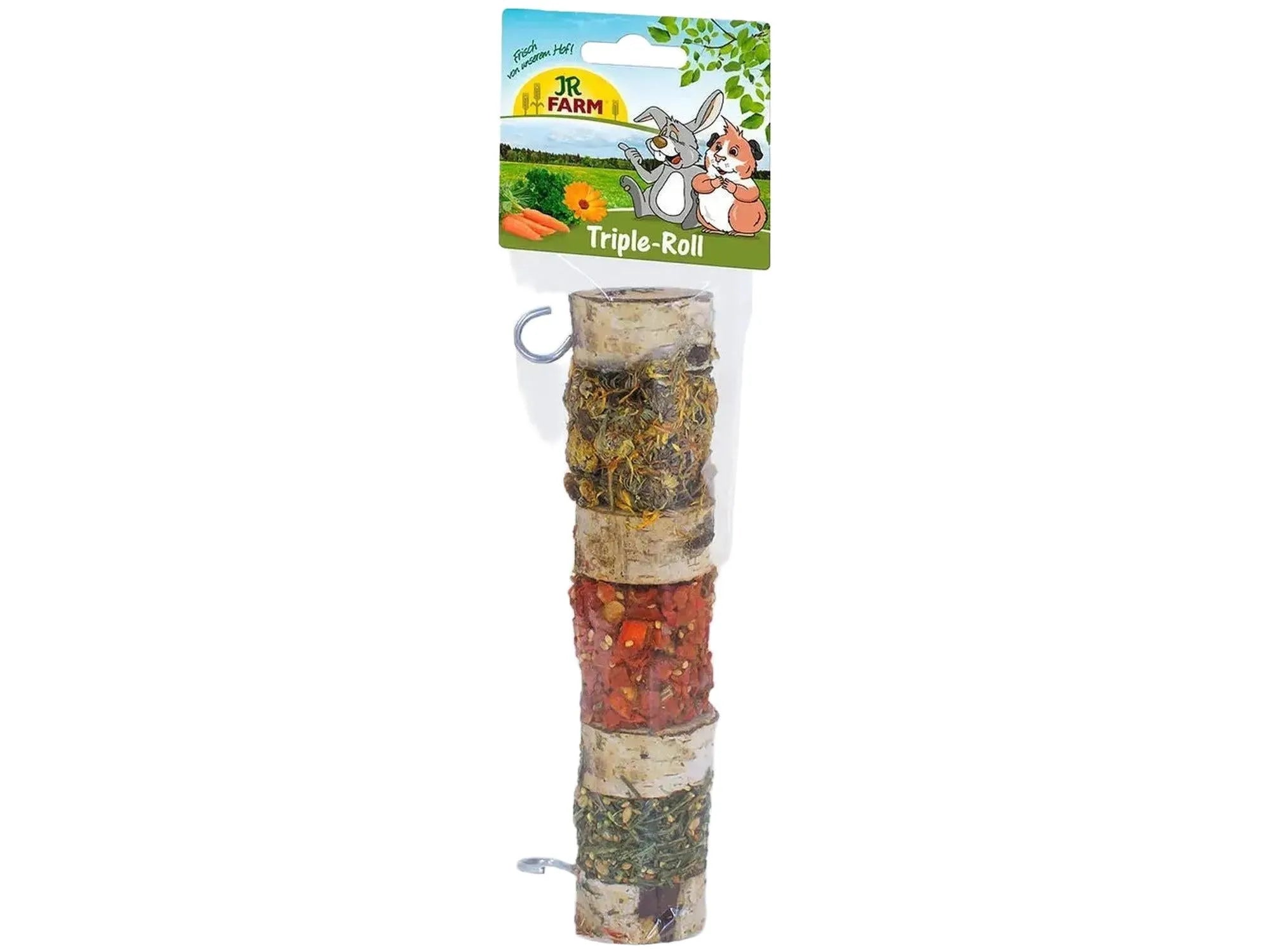 JR Farm Triple Roll gnagersnack: tre naturlige treruller med grønne, røde og mørkegrønne fyll.