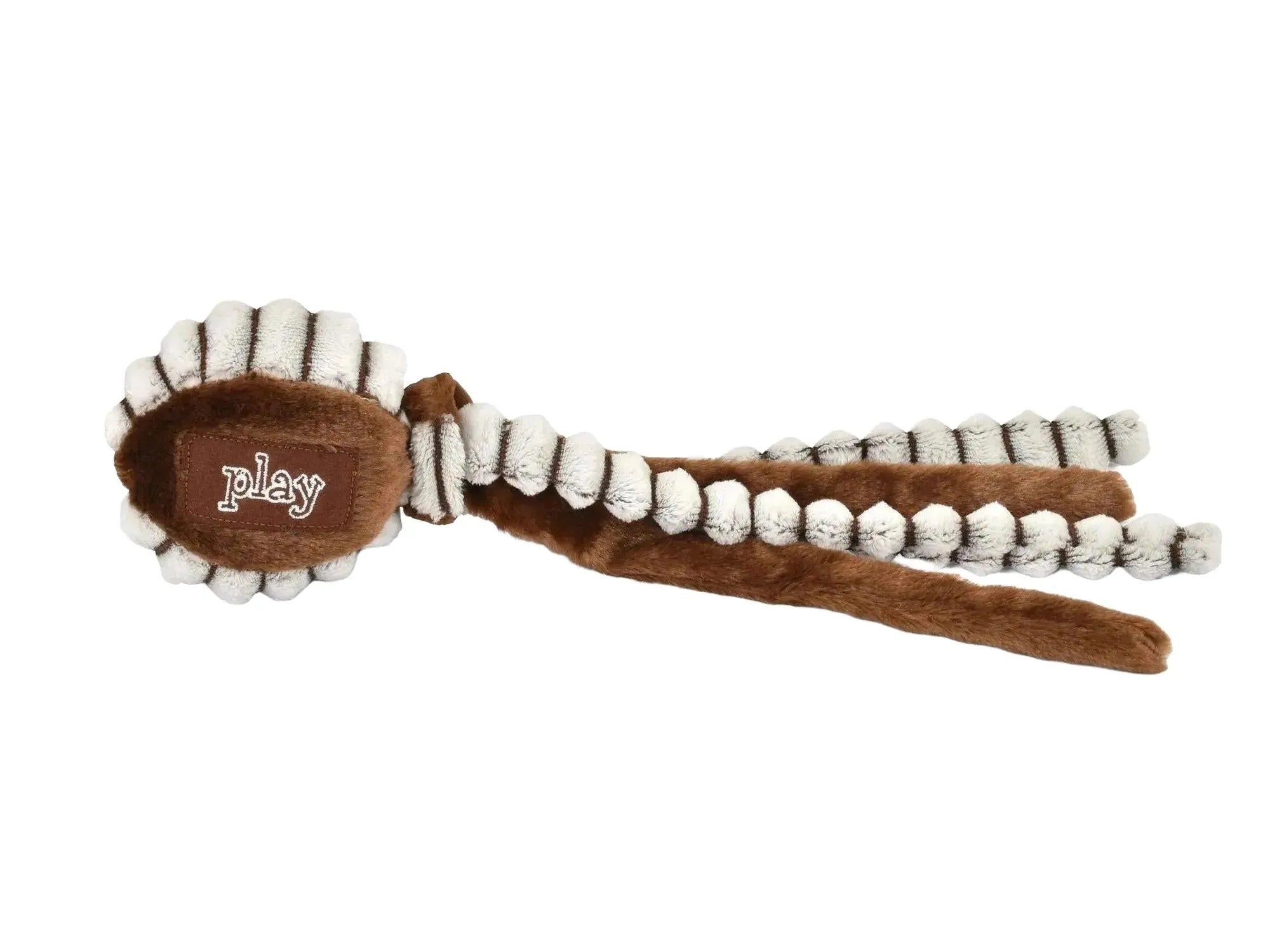Brun plysj manet hundeleke med "play" broderi, rillede tentakler og lyd, 40 cm.