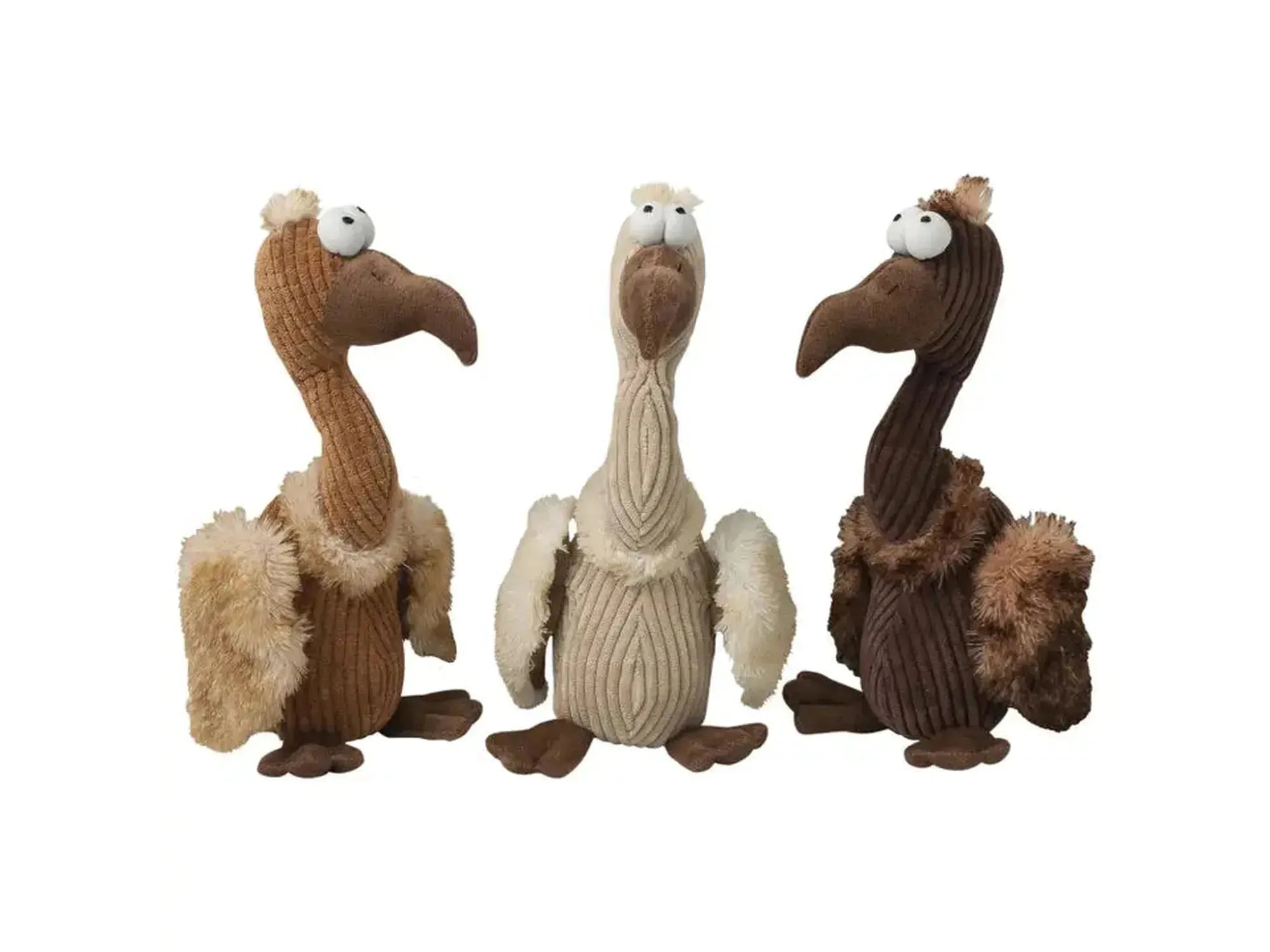 Tre Joe Vulture plysjleker til hund i assorterte brune og beige farger, med lang hals og lyd.