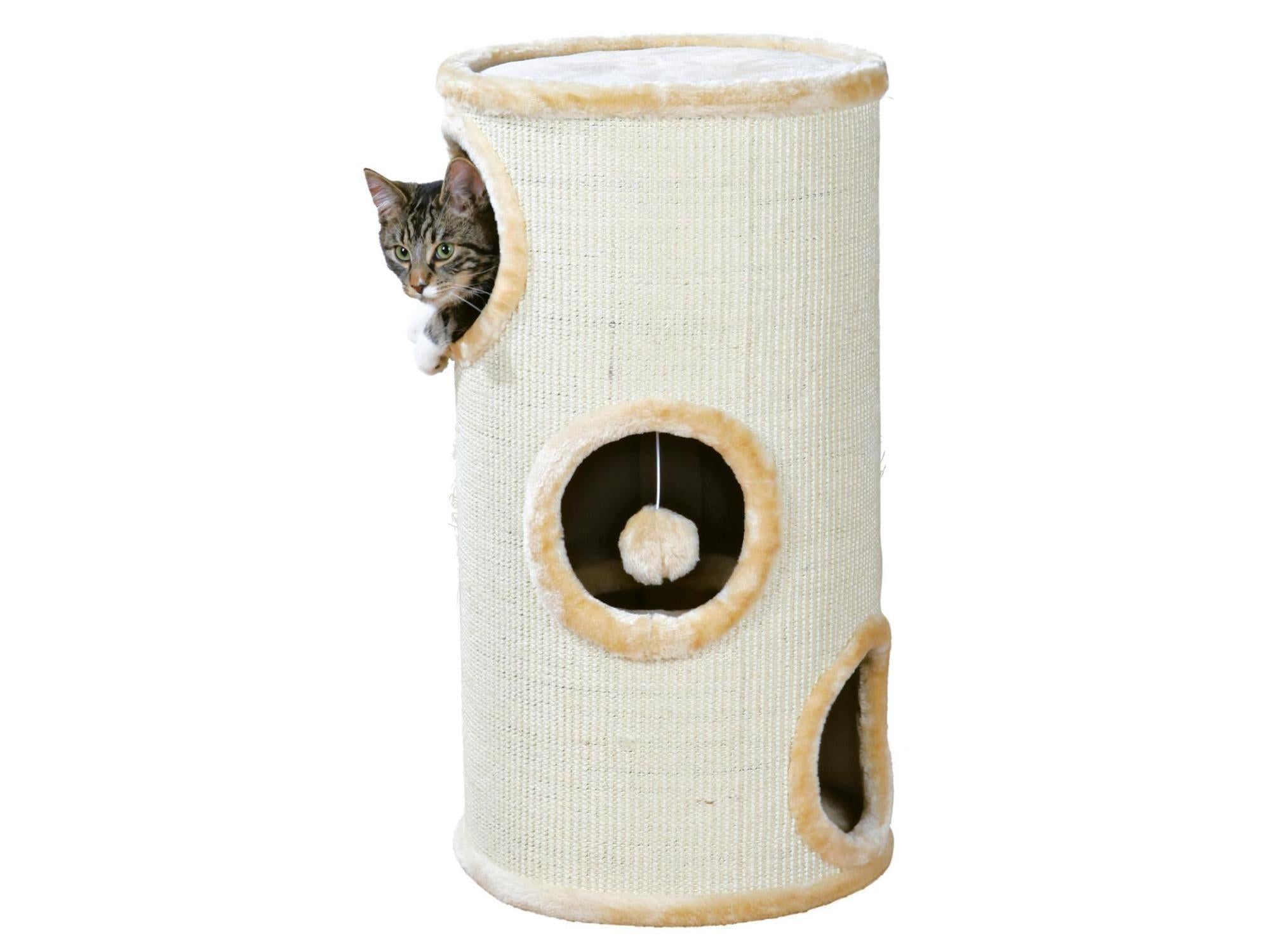 Jolly Paw Joyca kattetårn 70cm i beige sisal med myke kanter, flere innganger og en katt som titter ut.