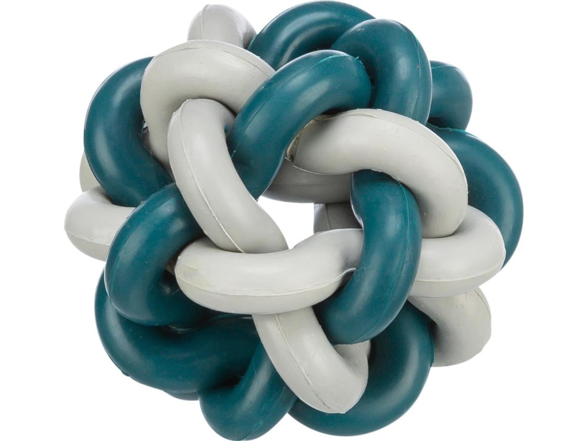 Jolly Paw Knudret Bold i naturgummi, en robust hundeball med knudret design i grå og mørk turkis.