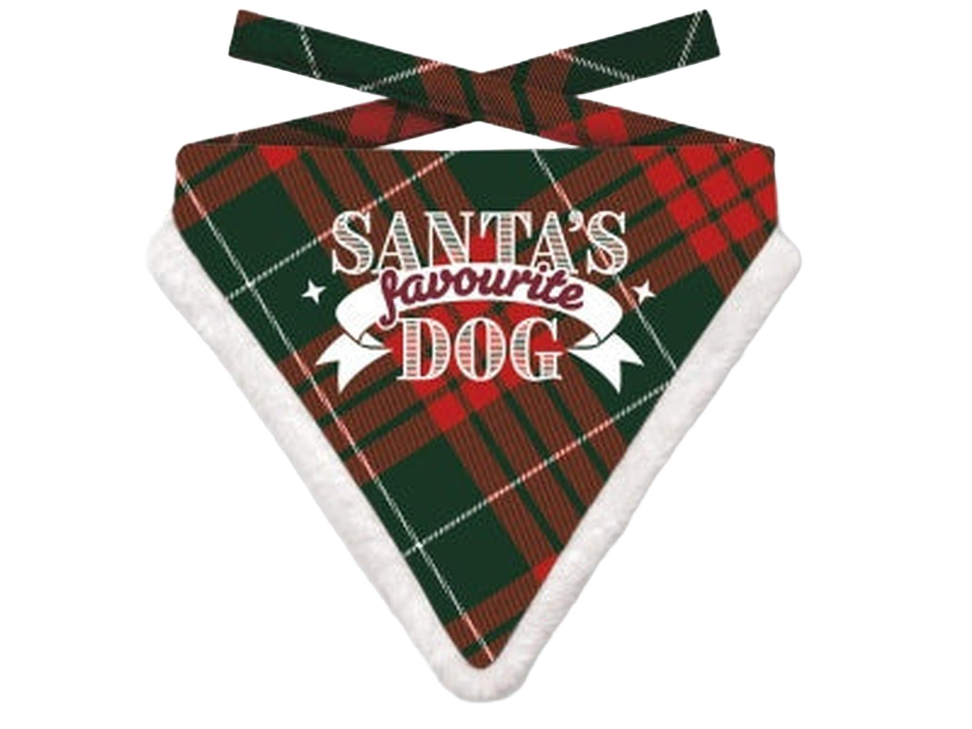 Grønn og rød rutete julebandana for hund/katt med hvit fluffy kant og teksten "SANTA'S favourite DOG".