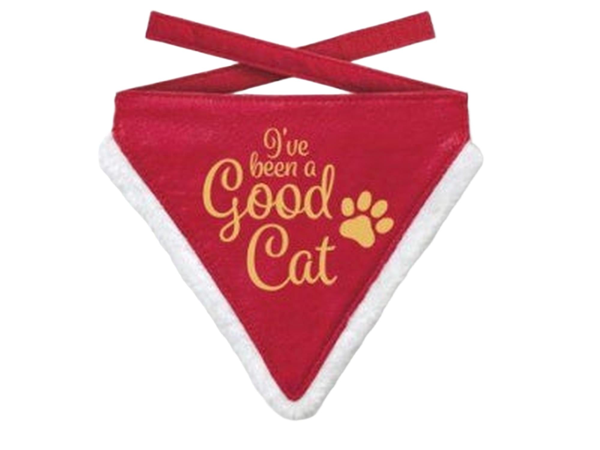 Rød julebandana til katt med "I've been a Good Cat" tekst og poteavtrykk, myk hvit kant.