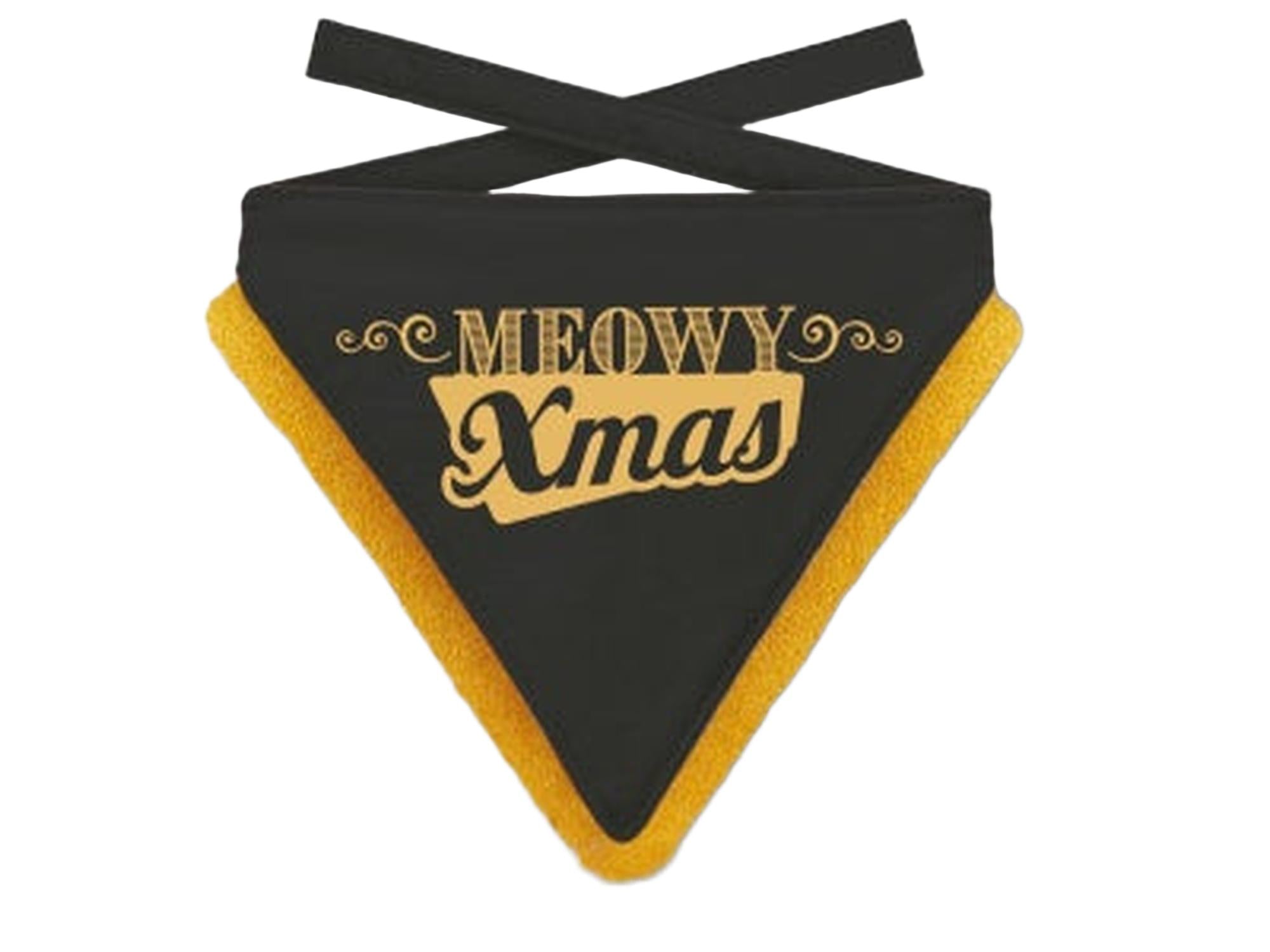 Svart julebandana til kjæledyr med "MEOWY Xmas" i gullskrift og fluffy gul kant.
