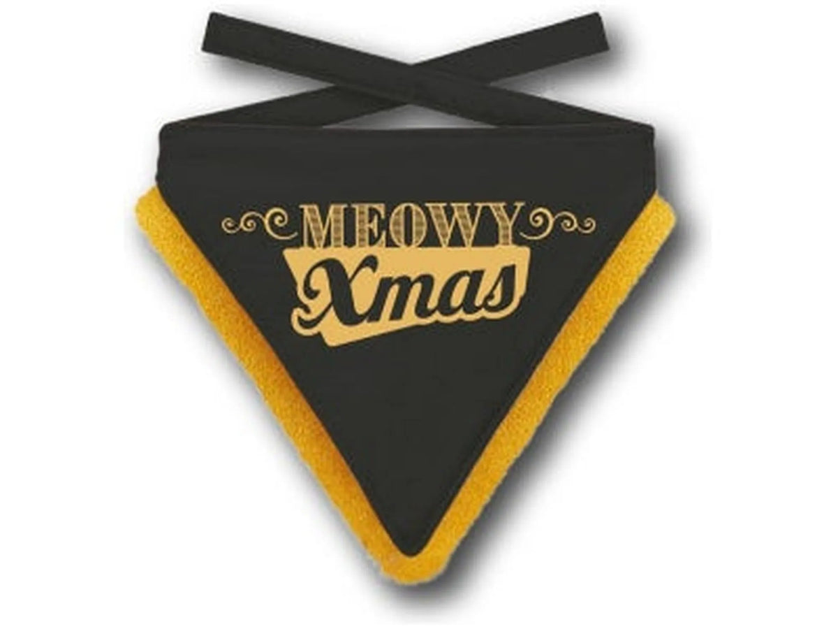 Svart julebandana til kjæledyr med "MEOWY Xmas" i gullskrift og fluffy gul kant.