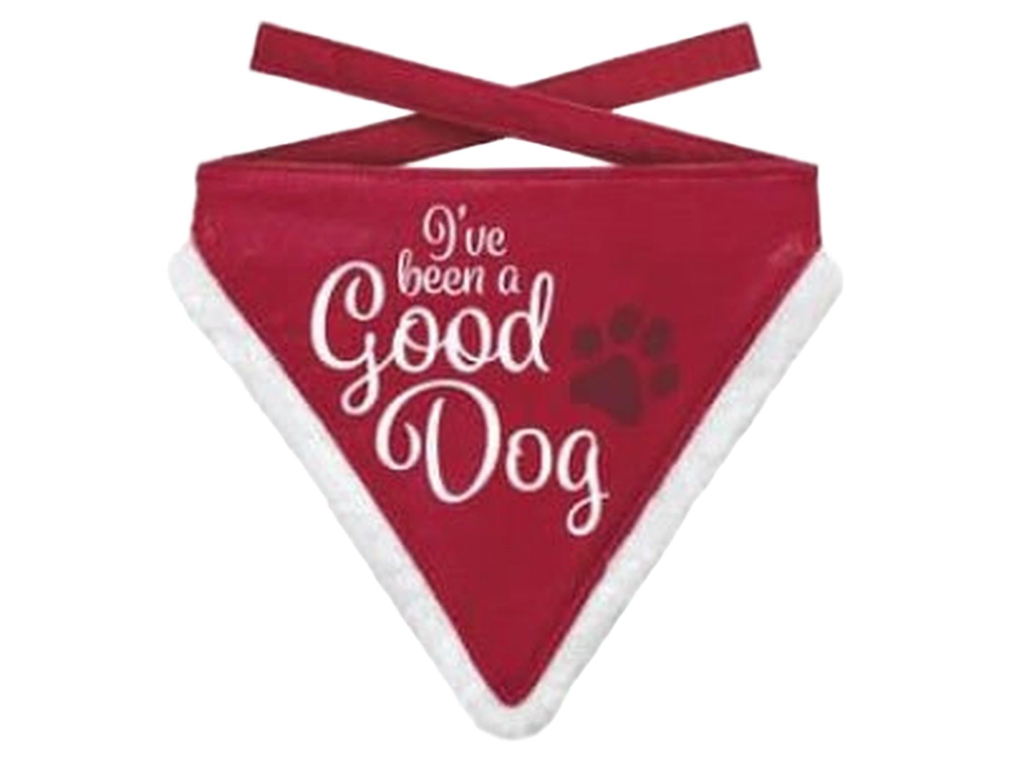 Rød julebandana til hund/katt med hvit fluffy kant og teksten "I've been a Good Dog".