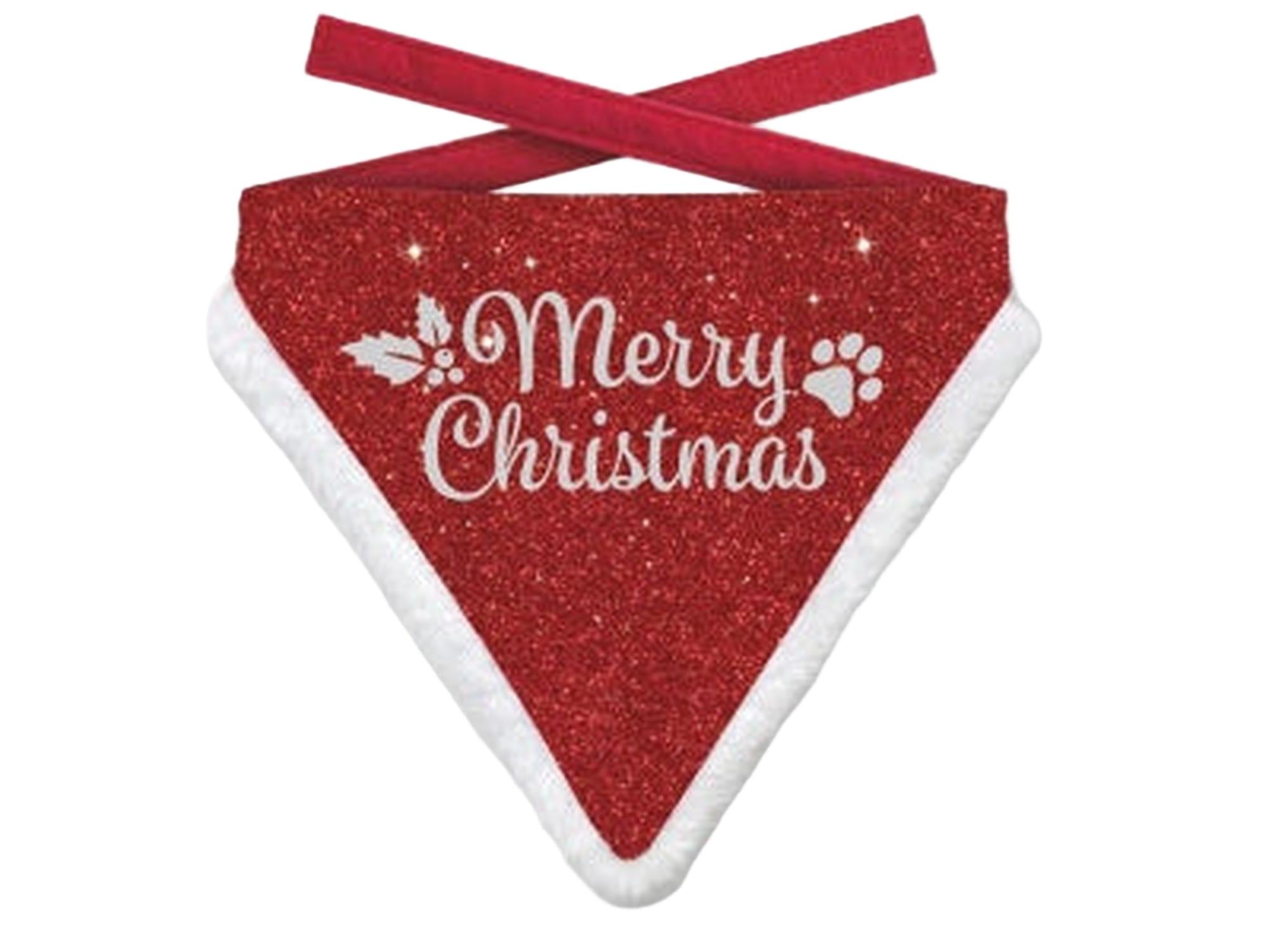 Rød glitter julebandana til kjæledyr med "Merry Christmas" tekst, hvit fluffy kant og røde knytebånd.