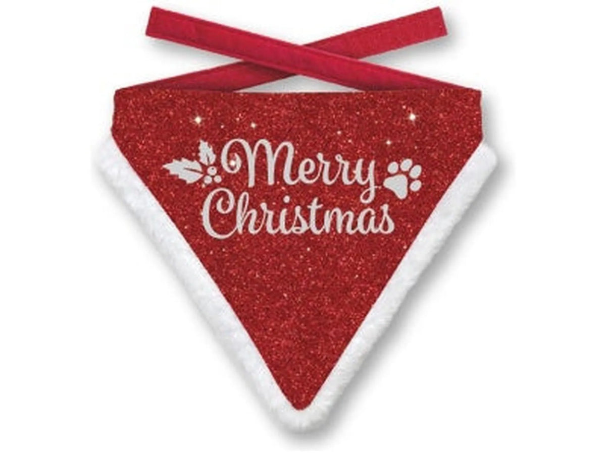 Rød glitter julebandana til kjæledyr med "Merry Christmas" tekst, hvit fluffy kant og røde knytebånd.