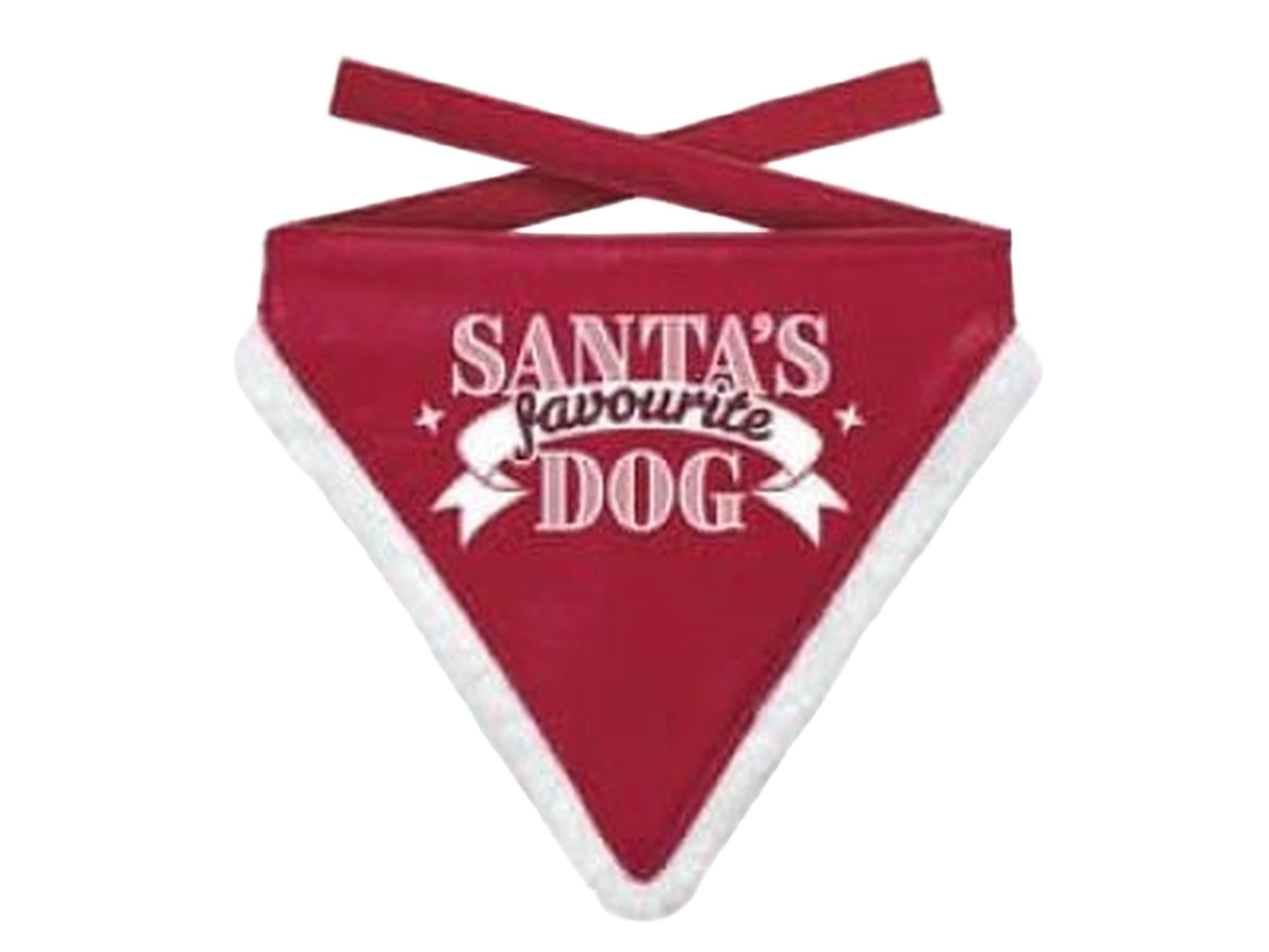 Rød julebandana for hund og katt med hvit fluffy kant og teksten "SANTA'S FAVOURITE DOG".