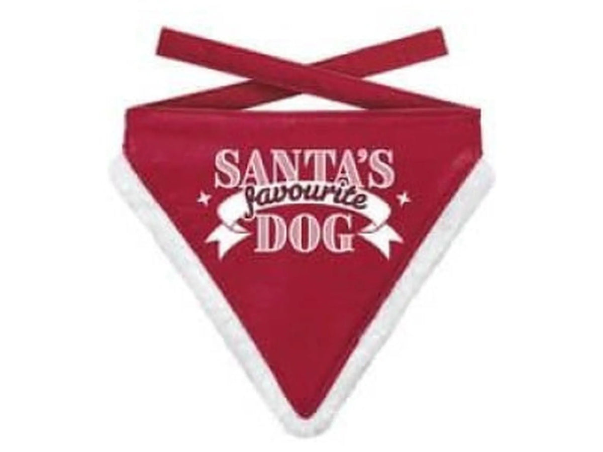 Rød julebandana for hund og katt med hvit fluffy kant og teksten "SANTA'S FAVOURITE DOG".