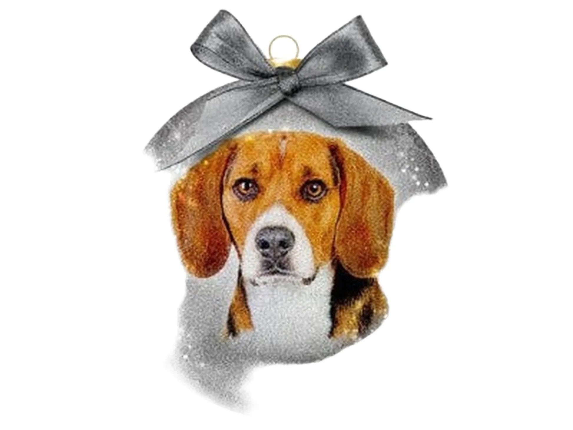 Sølv julekule med beagle-motiv og grå sløyfe, 7,5 cm diameter.