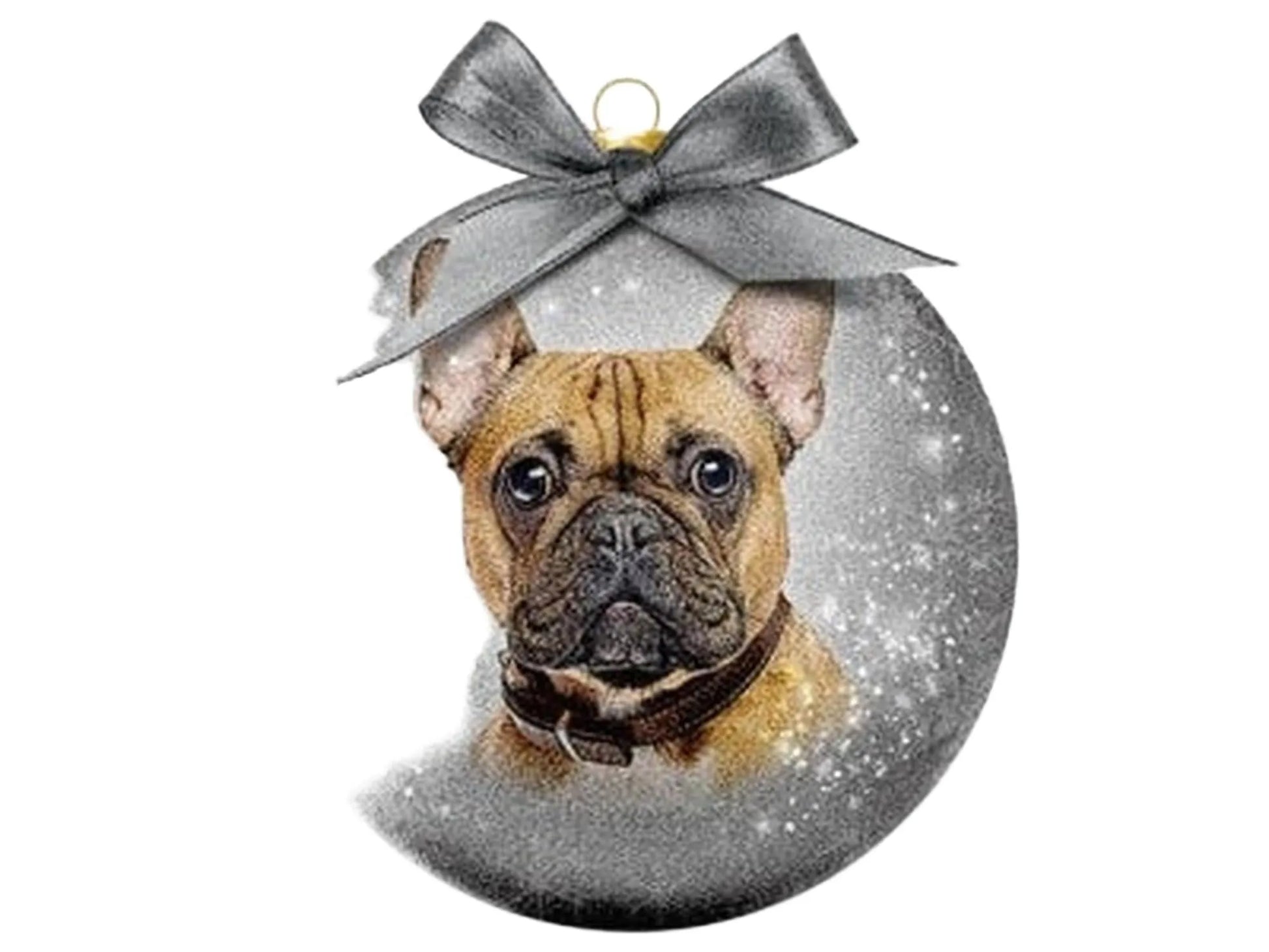 Sølv julekule med fransk bulldog og grå sløyfe, 7,5 cm diameter.