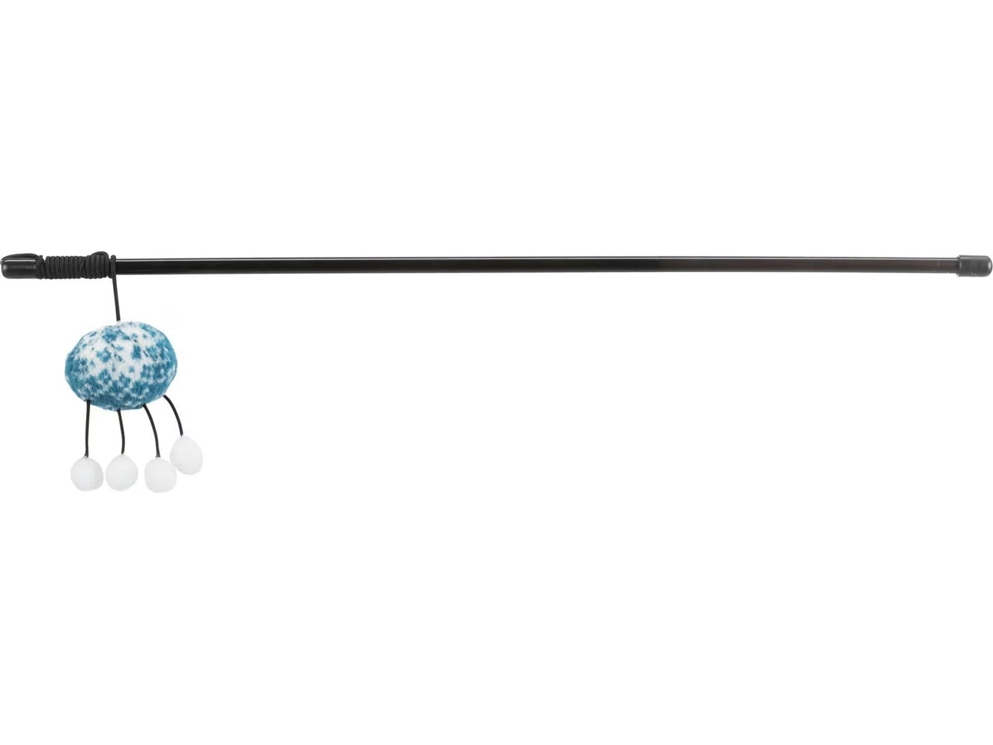 Svart fiskestang til katt, 46 cm, med blå og hvit stofffigur med fire hvite baller.