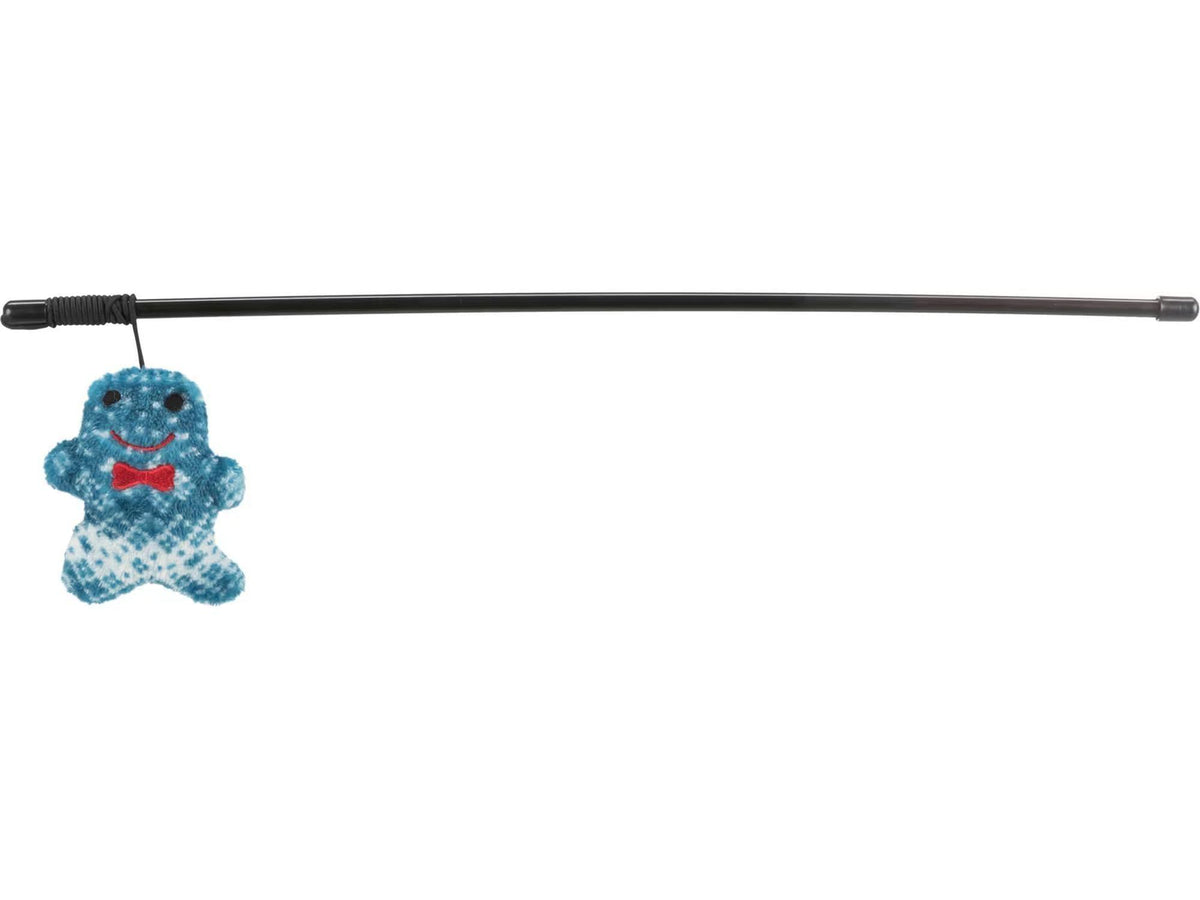 Svart fiskestang til katt, 46 cm, med en blå og hvit flekkete stofffigur med rød sløyfe.