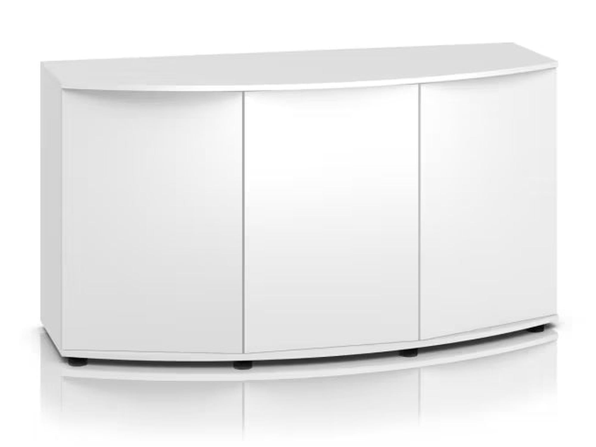 Elegant hvitt Juwel Vision SBX akvarieskap med buet front og tre dører.
