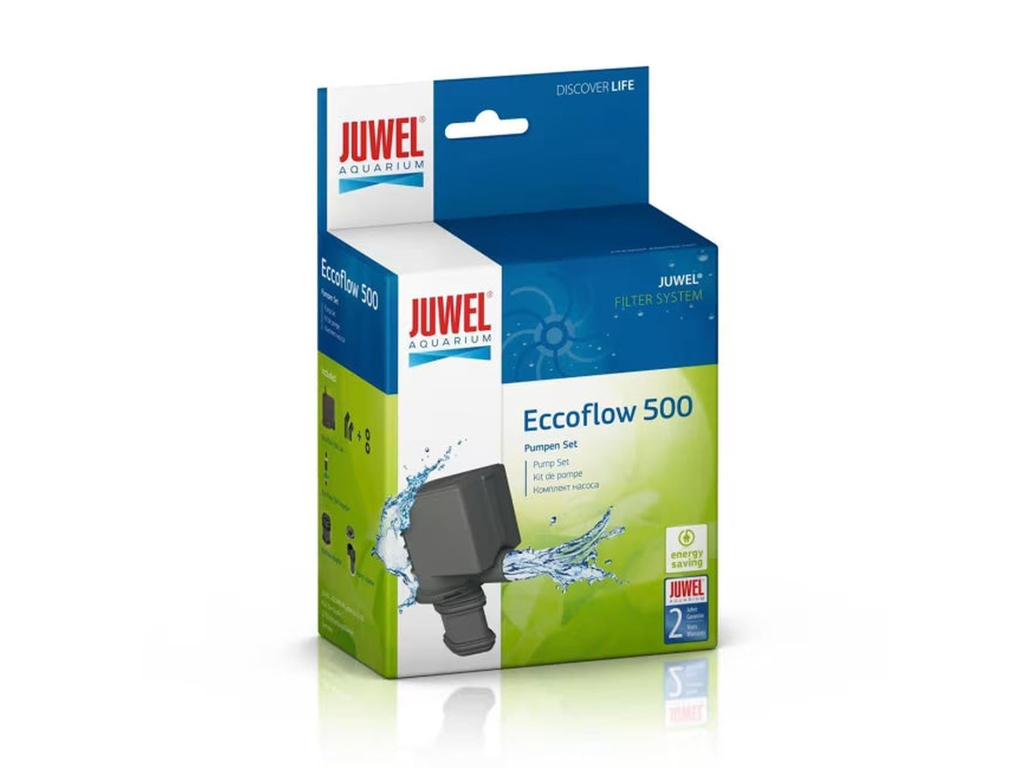 Juwel Eccoflow 500 pumpehode i blå og hvit eske med vannsprut-design.